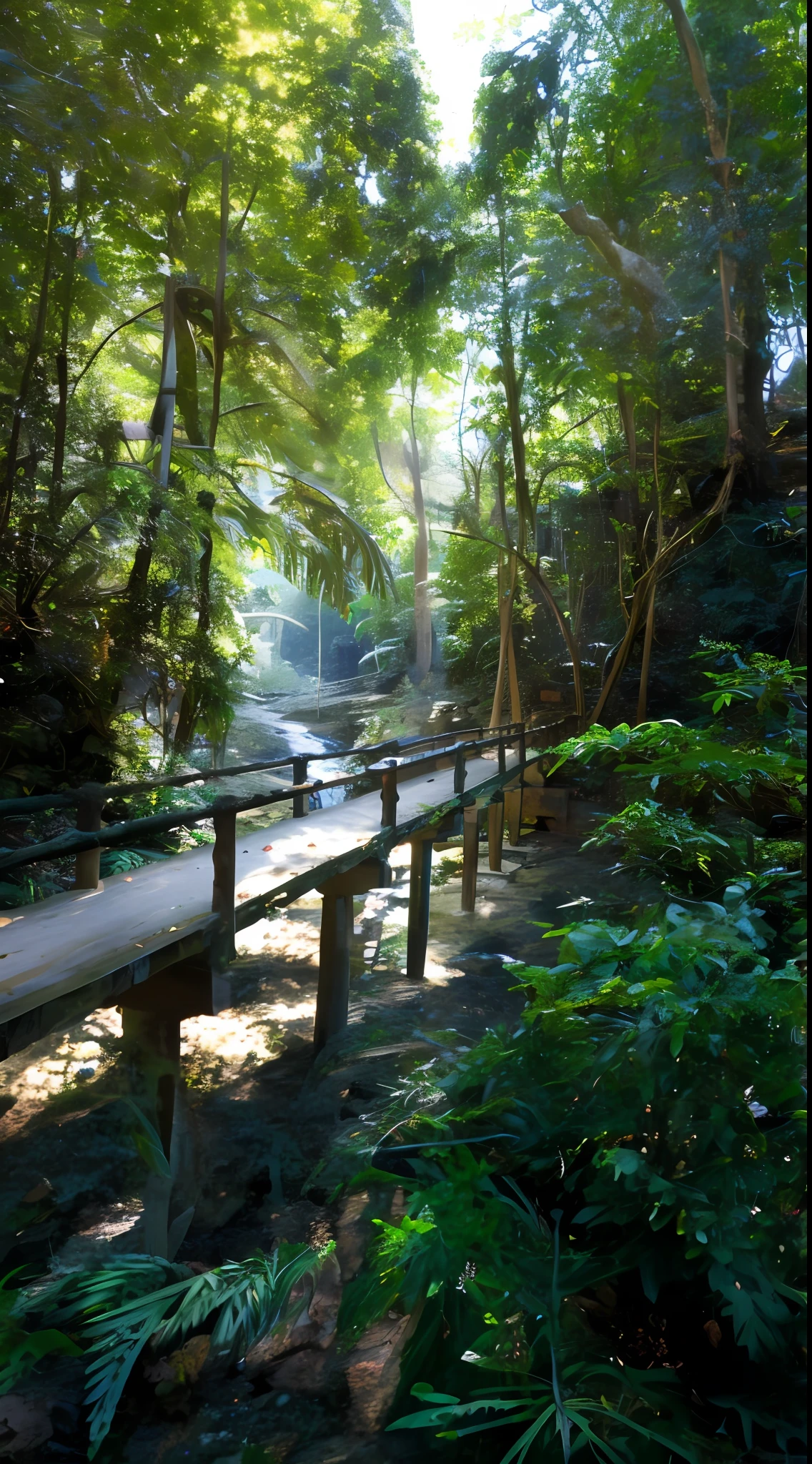 A beautiful woman in period costume walks on a small bridge