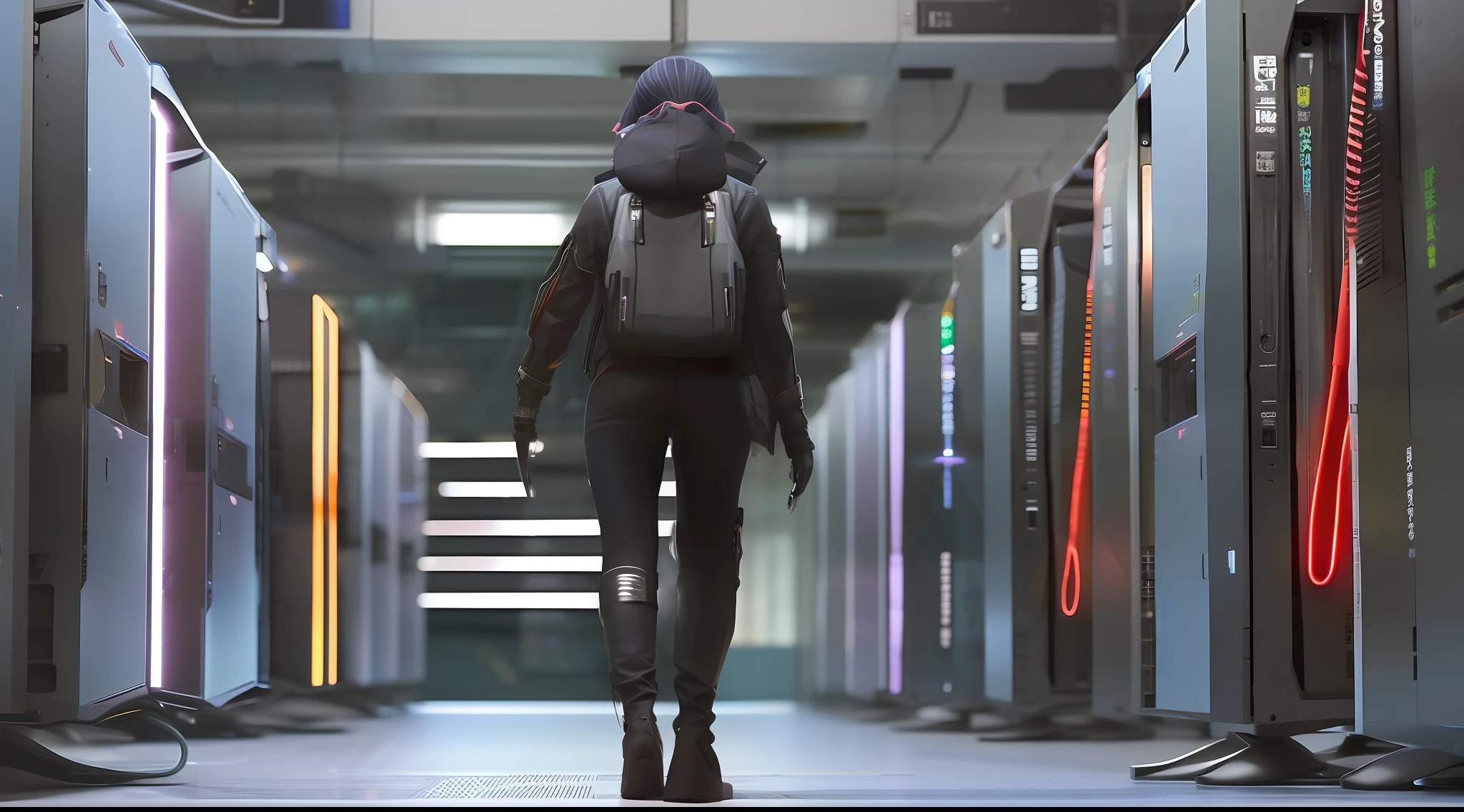 Tall、A long-legged female hacker infiltrates the company，In the black server room，Wearing a half-mask，Carrying a rucksack。She sits next to the server，Laptop in hand，The server is connected with a data cable，Data is being stolen。