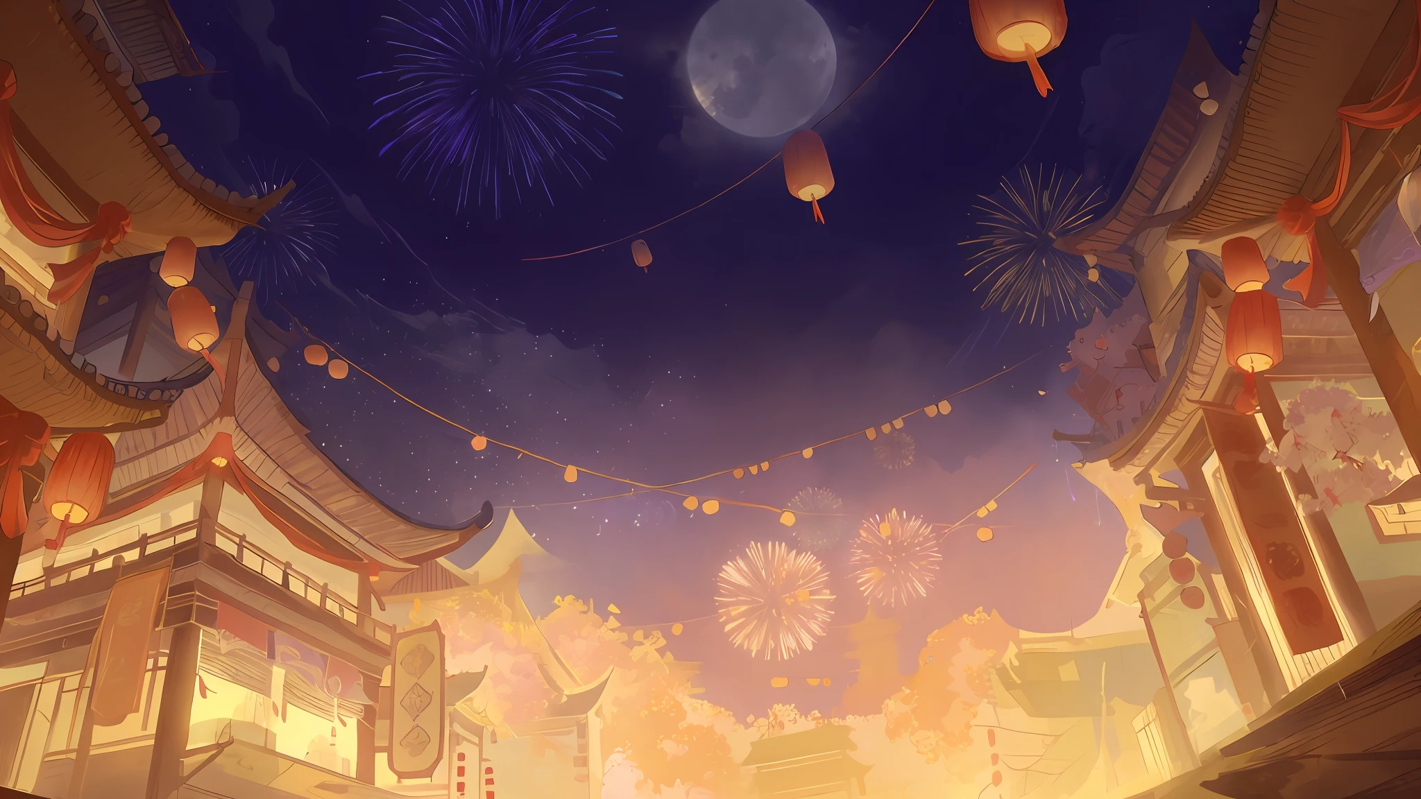 down view,The lens can see the inside of the roof,Purple gradient in night sky,Fireworks in bloom,Movie promotional poster,TV picture,Focus composition,Sunset Gradient,Moon Night,Halo,Beautiful shadow effect,Efeito de Luz,Chinese architecture,Top view of the building,group of buildings、 Sky lantern、pastelcolor、Pubic area is clear、big breasts beautiful、Chinese landscape painting、cinmatic lighting、cinmatic lighting、high detal、(closeup cleavage)、(lightand shade contrast)、detail in face、cinmatic lighting、(depth of fields)、extreme hight detail、Realistic lighting、Epic composition、(complexdetails)、(super detailing: 1. 2), art stations, Christopher Studio Lighting, Realistic, Best quality at best, Professional Lora, In a romantic style soft focus and ethereal light, 3D, cartoony, by Pixar:2.5 Style, Extremely detailed CG unity 8k wallpaper, Extremely detailed CG Unity 8K, dramatics, intricately details, Super realistic -niji 5 -style expressive --s 180 -ar 16:9 -