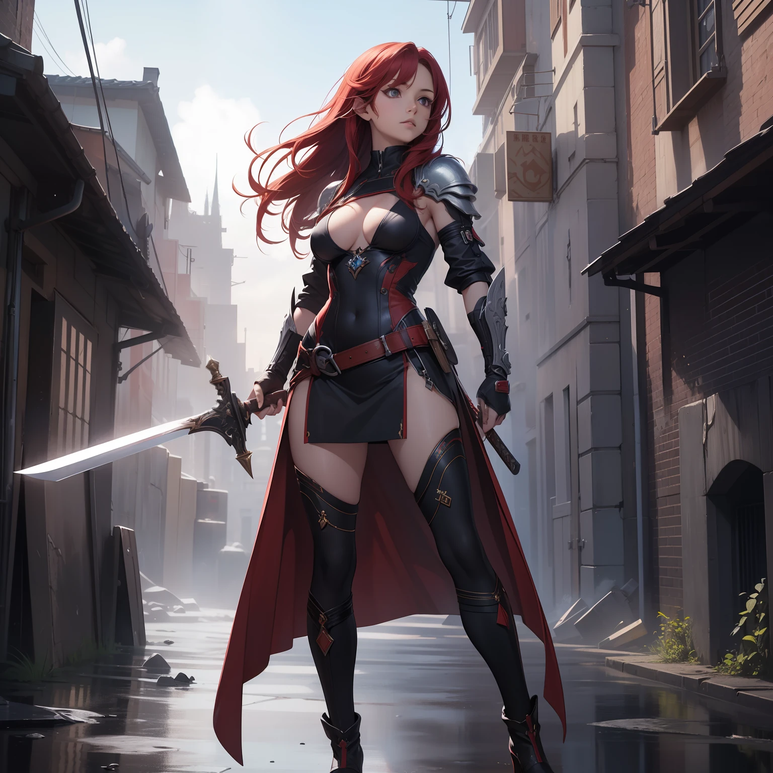 (masterpiece, best quality, ultra-detailed, 8k, wallpaper, photorealistic), 1 girl, character similar to Princess Iris Midgar, full body, red hair, standing, perfect anatomy, perfect body, perfect eyes, perfect hands, holding her sword