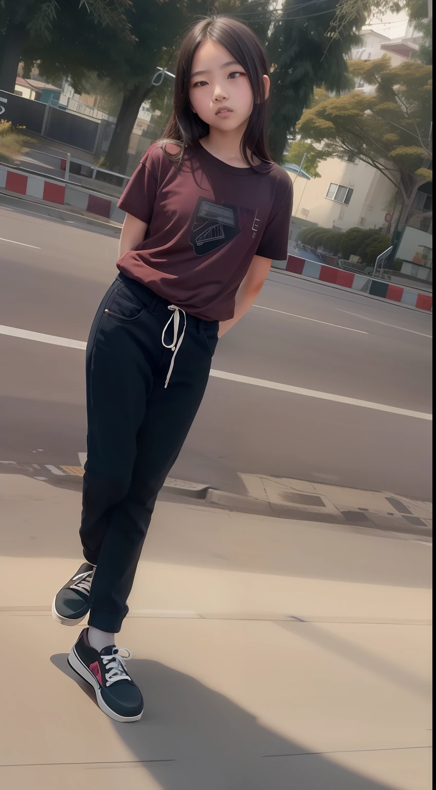 there is a young girl standing on a sidewalk with a skateboard, standing in road, distant full body view, standing in street, full body picture, standing in township street, taken with a canon dslr camera, candid picture, standing in a city street, candid photograph, standing in the street, wearing pants and a t-shirt, taken with sony alpha 9