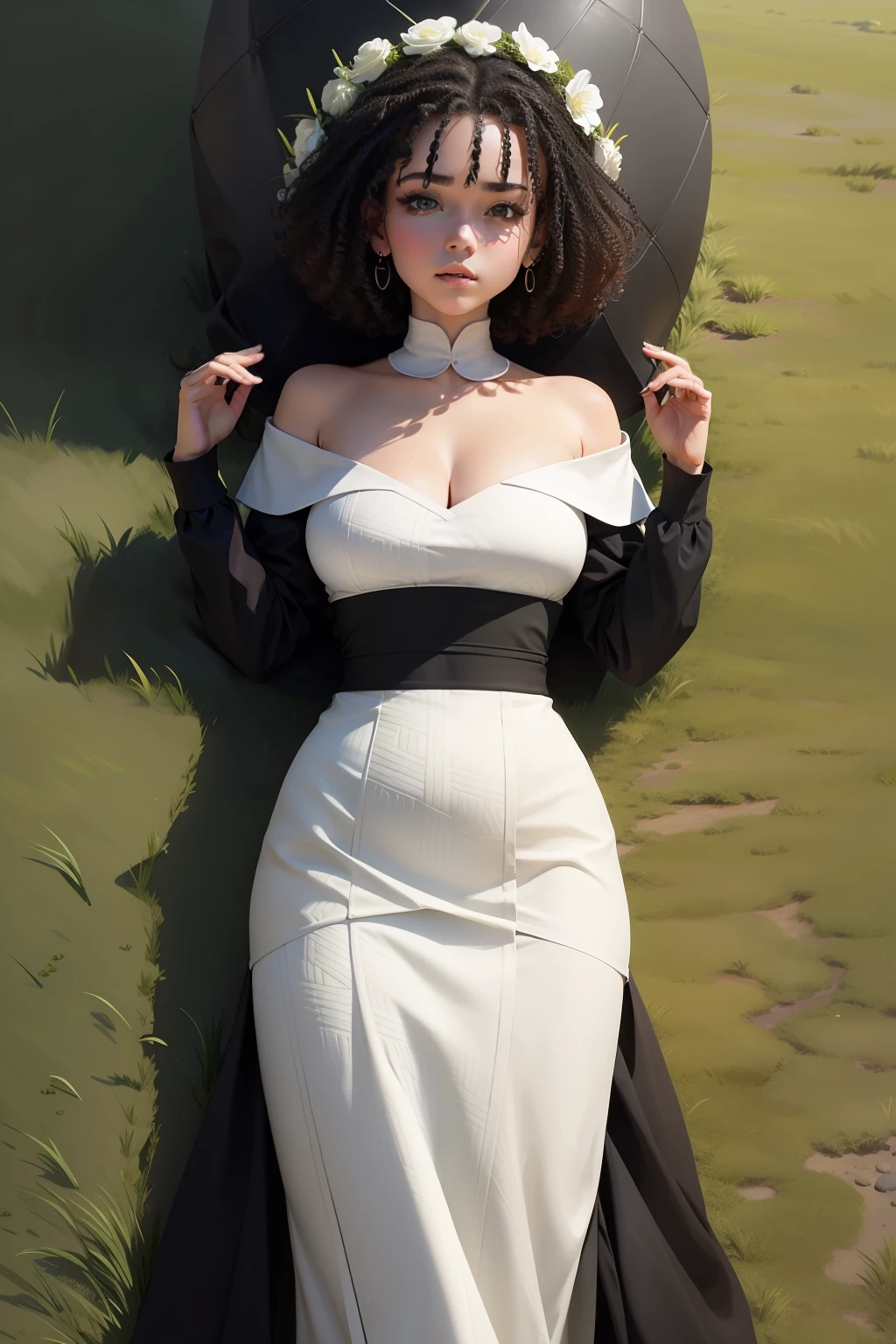 You're a costume designer now,Design a four-square continuous pattern for me with curly grass patterns,The base color is white,The foreground color is black,