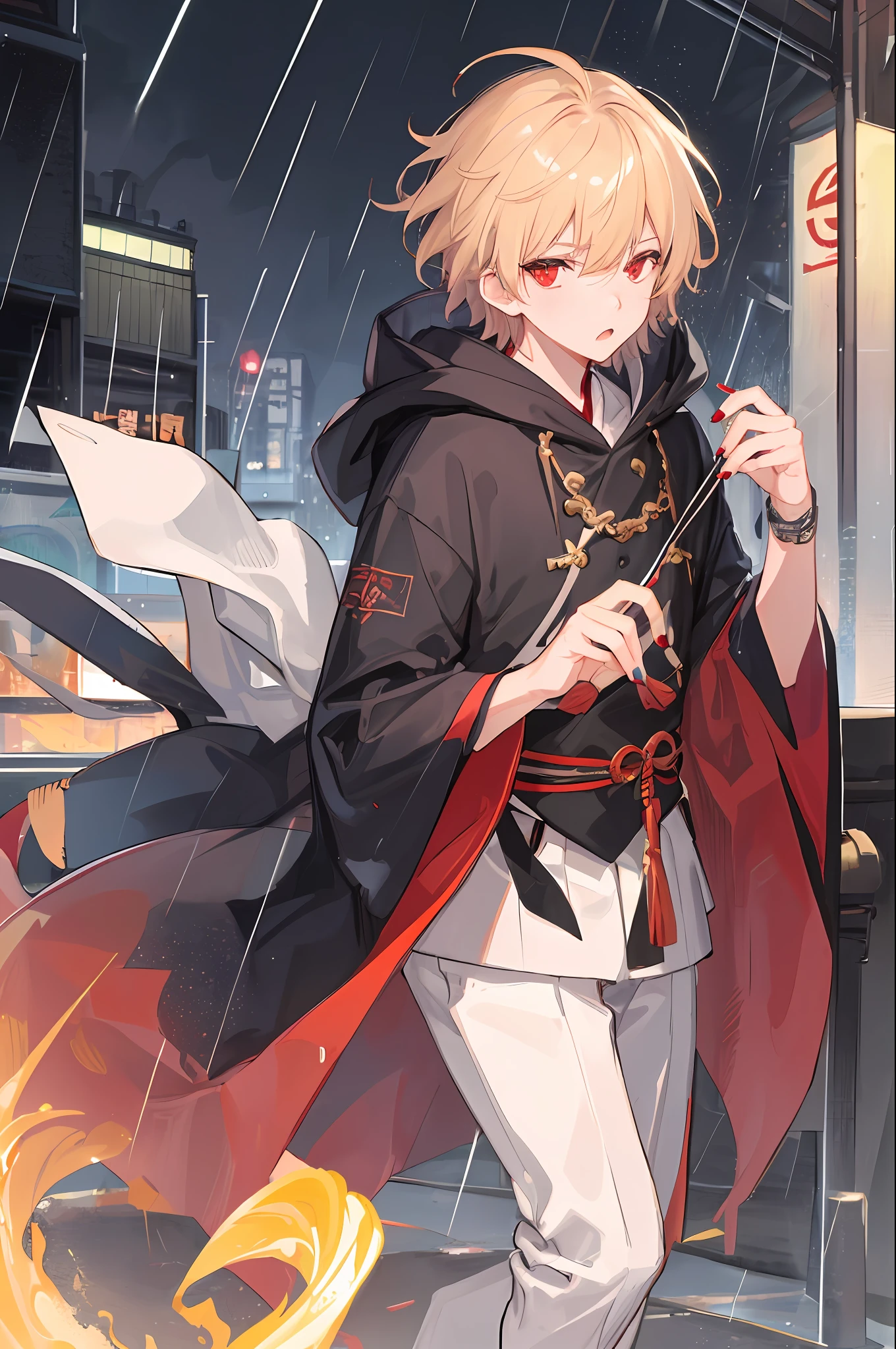 Best quality, More details, Mastery, 1boy , Male focus, Red eyes, Solo, bangs, view the viewer, Hood, Short hair, rain, tokyo tokyo \(City\),Nail polishing,whaite hair,luxury goods,8K,the detail,Ray traching,depth of fields,电影灯光,