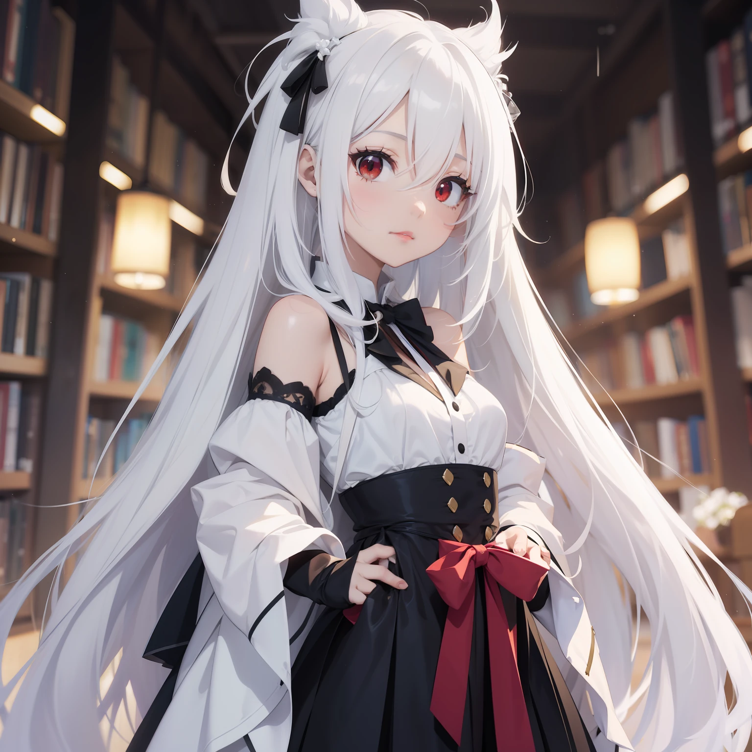 (Perfect white-haired girl + youth campus: 1.2), (anime girl + girl front style + anime visual + anime cute art style: 1.3), (long white hair + white hair + from girl front: 1.2), (one book + one book: 0.9), beautiful portrait, harmony fusion, rich picture detail, clarity, strong texture. White silk, long legs, red eyes