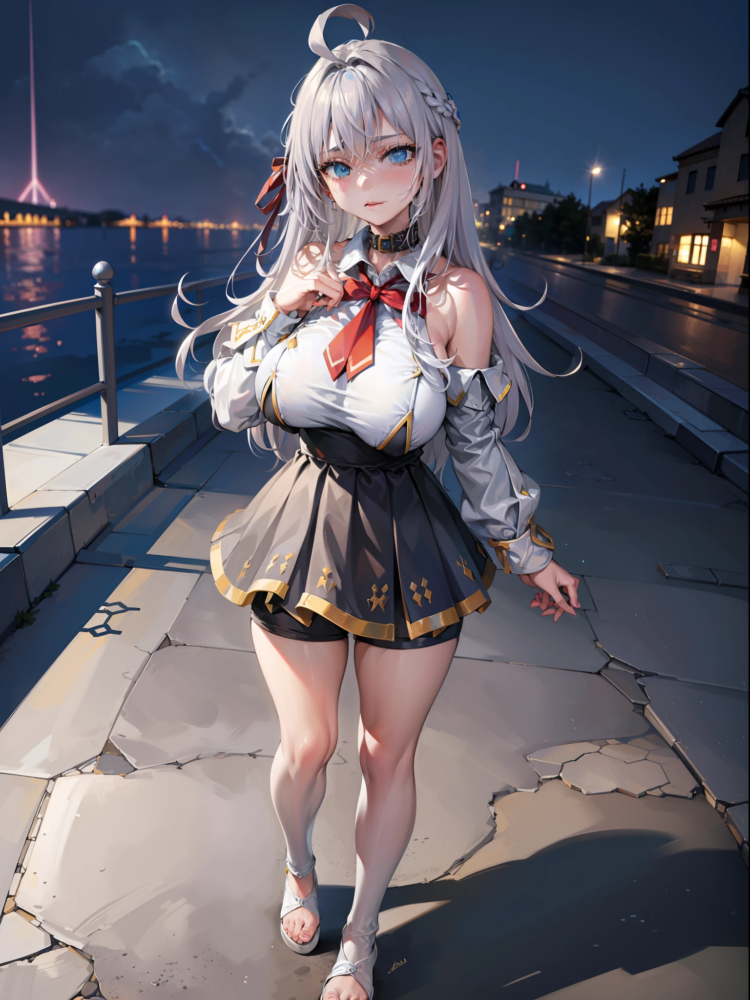 huge breast)),long hair,((silver hair,blue eyes)), daylight, sunlight, (perfect body : 1.0), collar, chain, full body shot, Korean school uniform,mini skirt ((shorts)),(masterpiece), (best quality:1.0), (ultra highres:1.0), beautiful lighting ,perfect lightning, realistic shadows, [highres], detailed skin, ultra-detailed,arms behind head,anime style,(detailed eyes;1,1),(detailed face,1,2),((pretty face1,2)),1-girls,solo