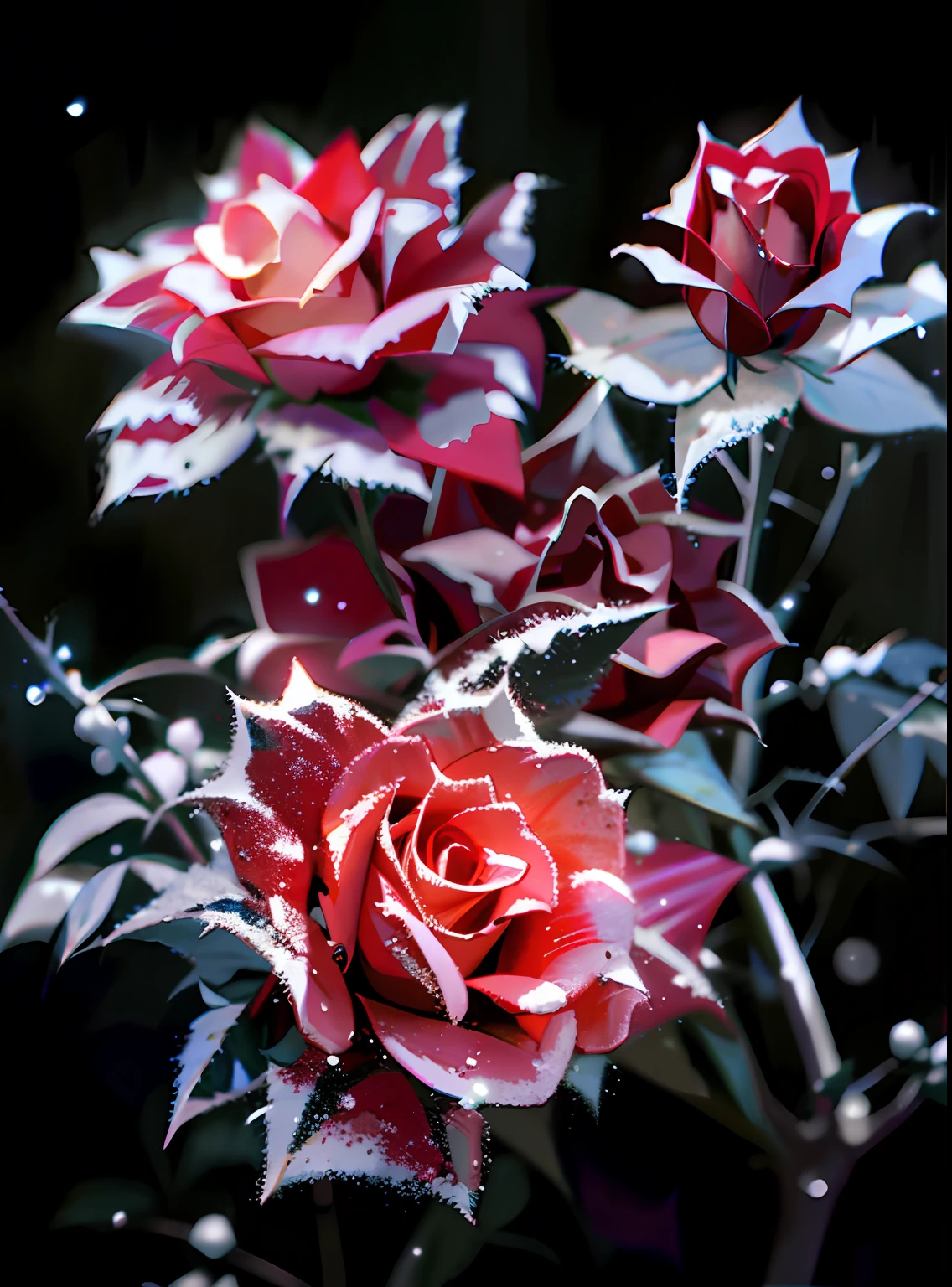 nevando，Frost Red Rose, Frosted roses,  , dark flowers,vintagestyle， cinematic details，Exquisite graphics，Professional lighting