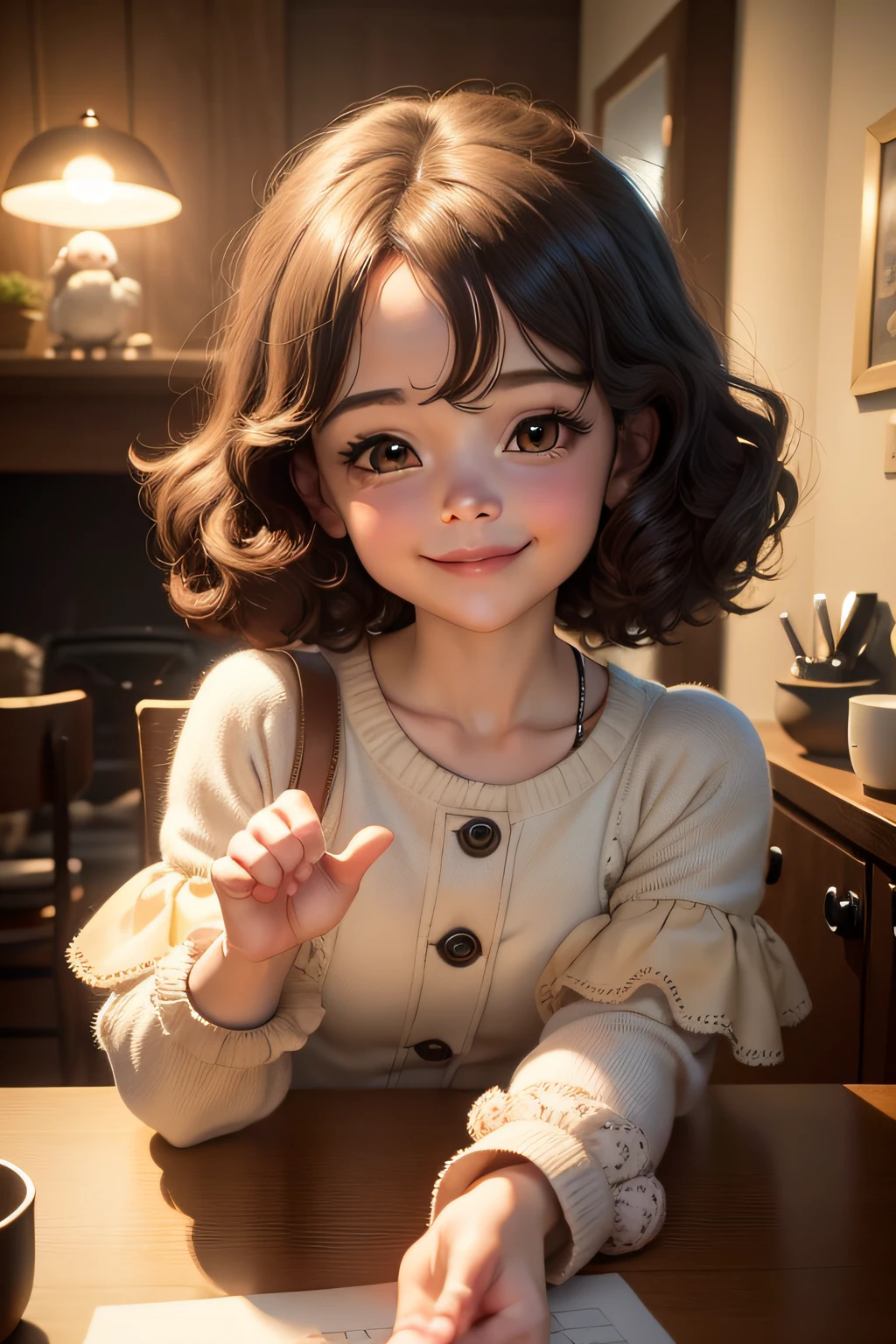 Cute adorable little maltipoo waving and smiling greeting me, unreal engine, cozy interior lighting, art station, detailed digital painting, cinematic, character design by mark ryden and pixar and hayao miyazaki, unreal 5, daz, hyper realistic, octane rendering