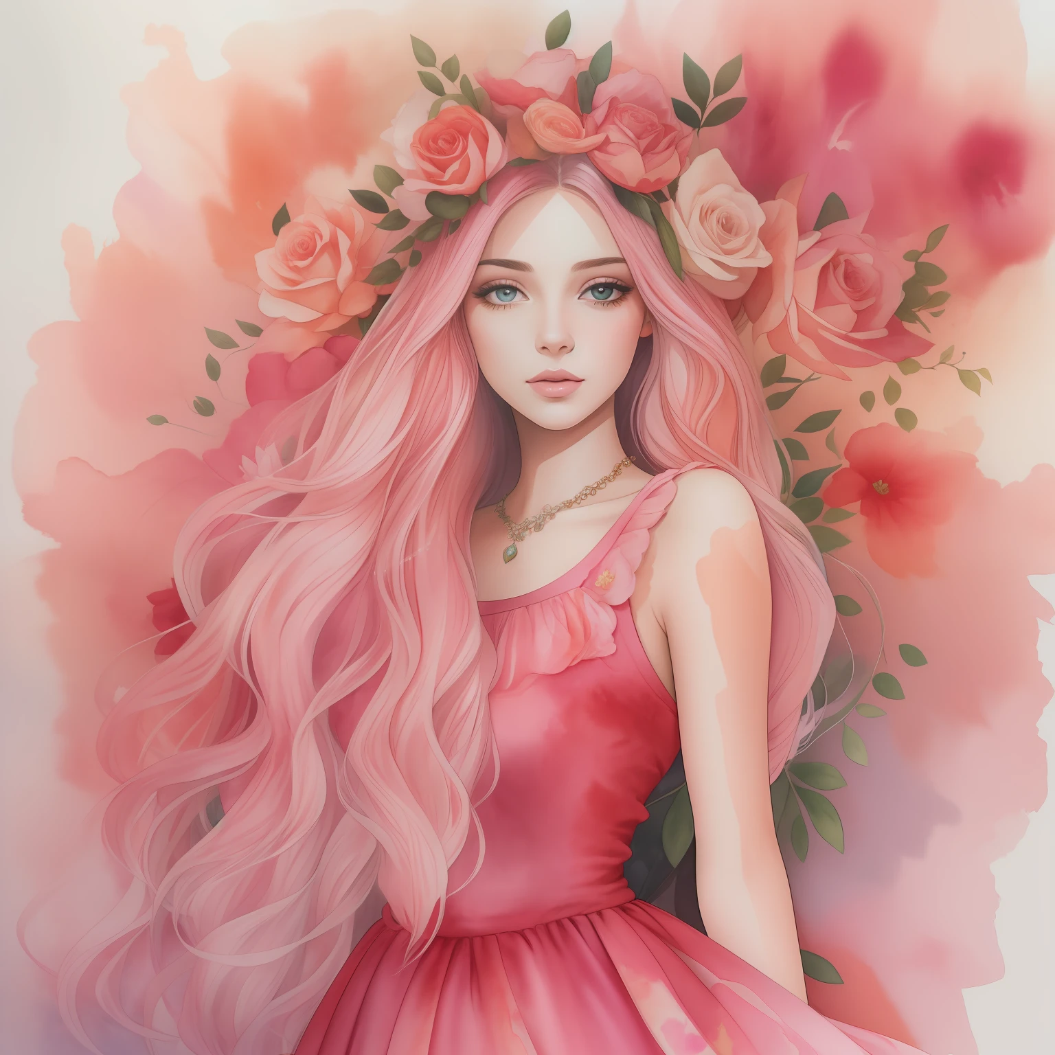 Uma pintura em aquarela de mulher de longos cabelos vermelhos encaracolado em um vestido de princesa rosa com uma coroa de flores,vestido