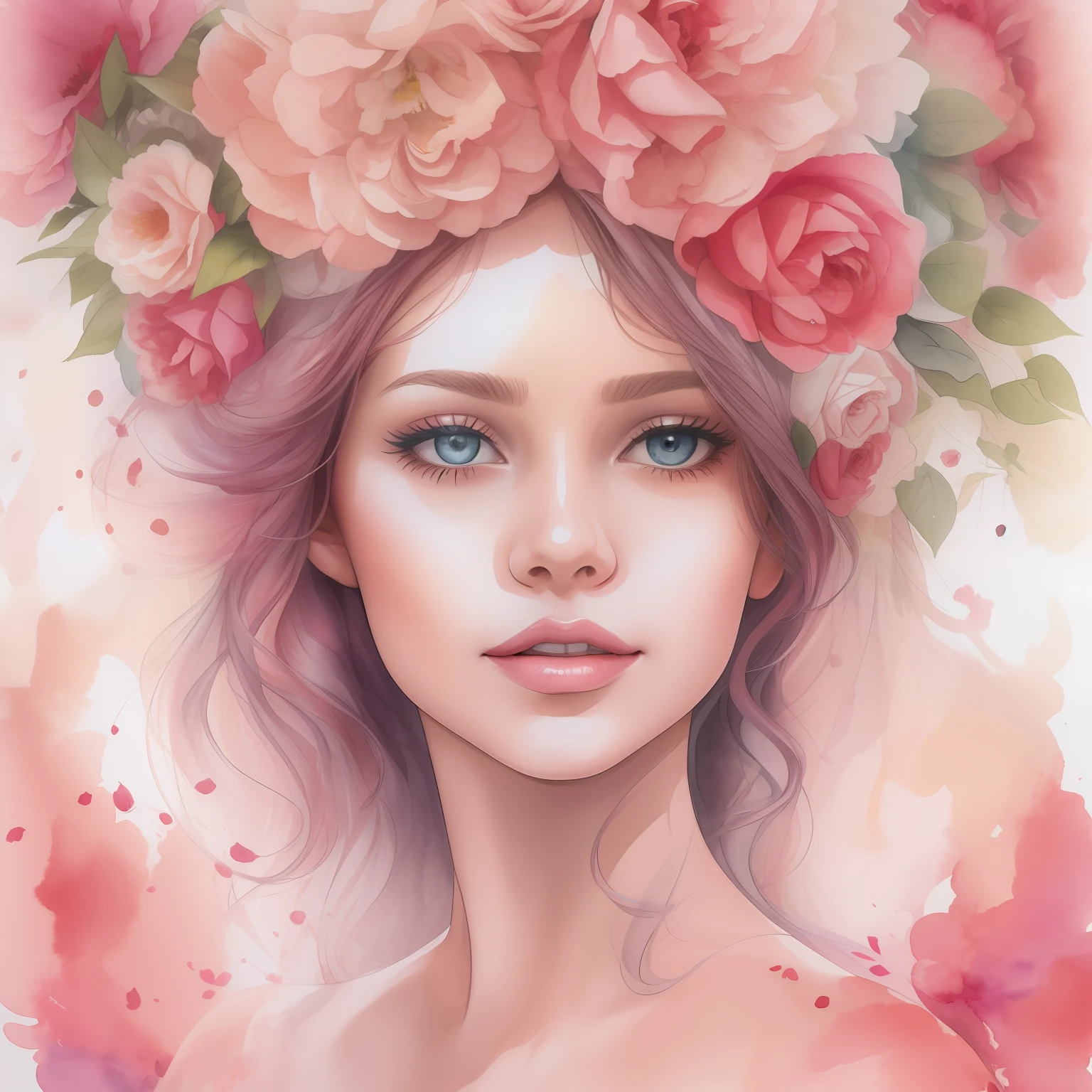 Uma pintura em aquarela de mulher de    longos cabelos vermelhos  encaracolado   em um vestido de princesa rosa com uma coroa de flores,vestido