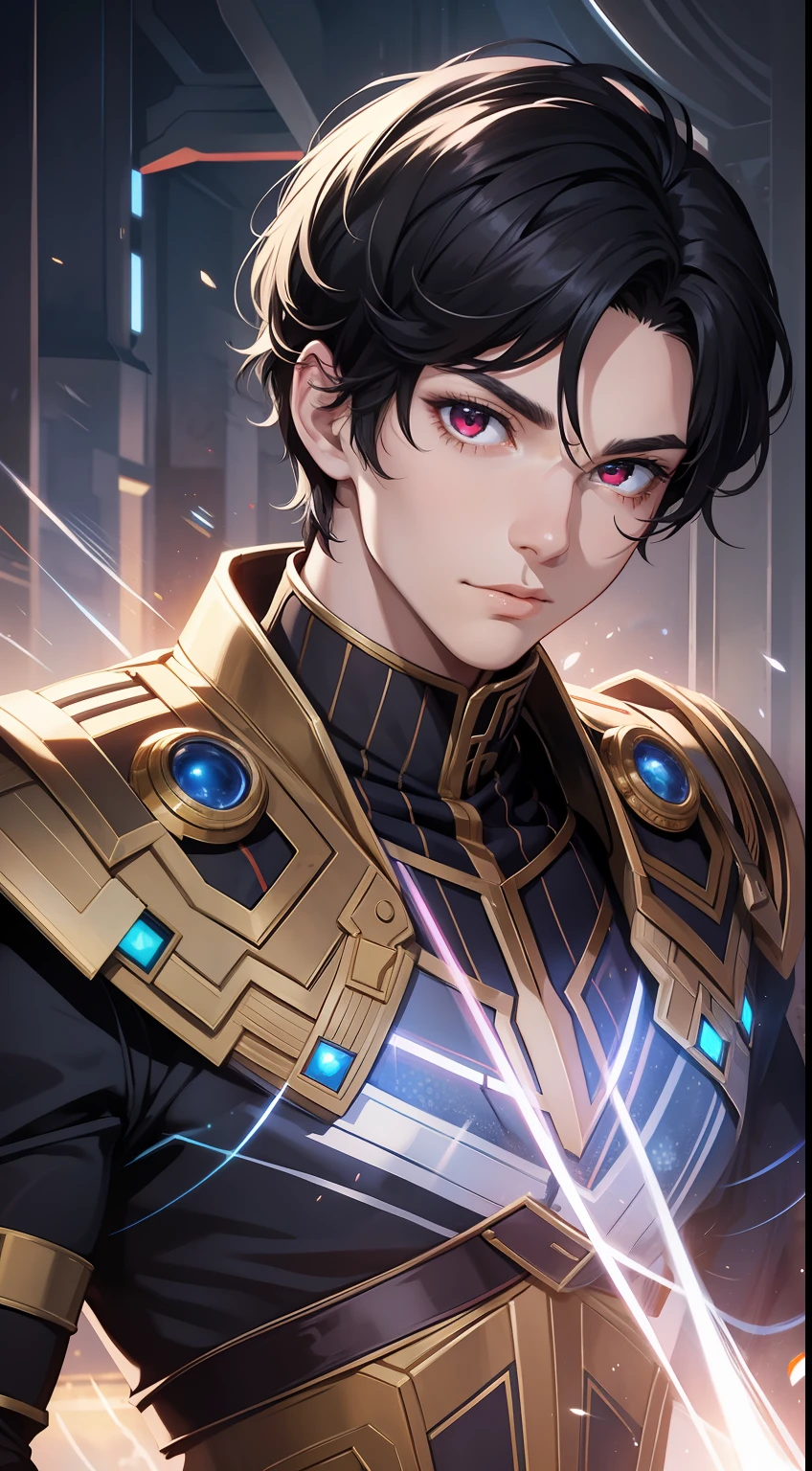 Young guy, short black hair, The eyes are red, Royal uniform, The Infinity Gauntlet, Masterpiece, hiquality