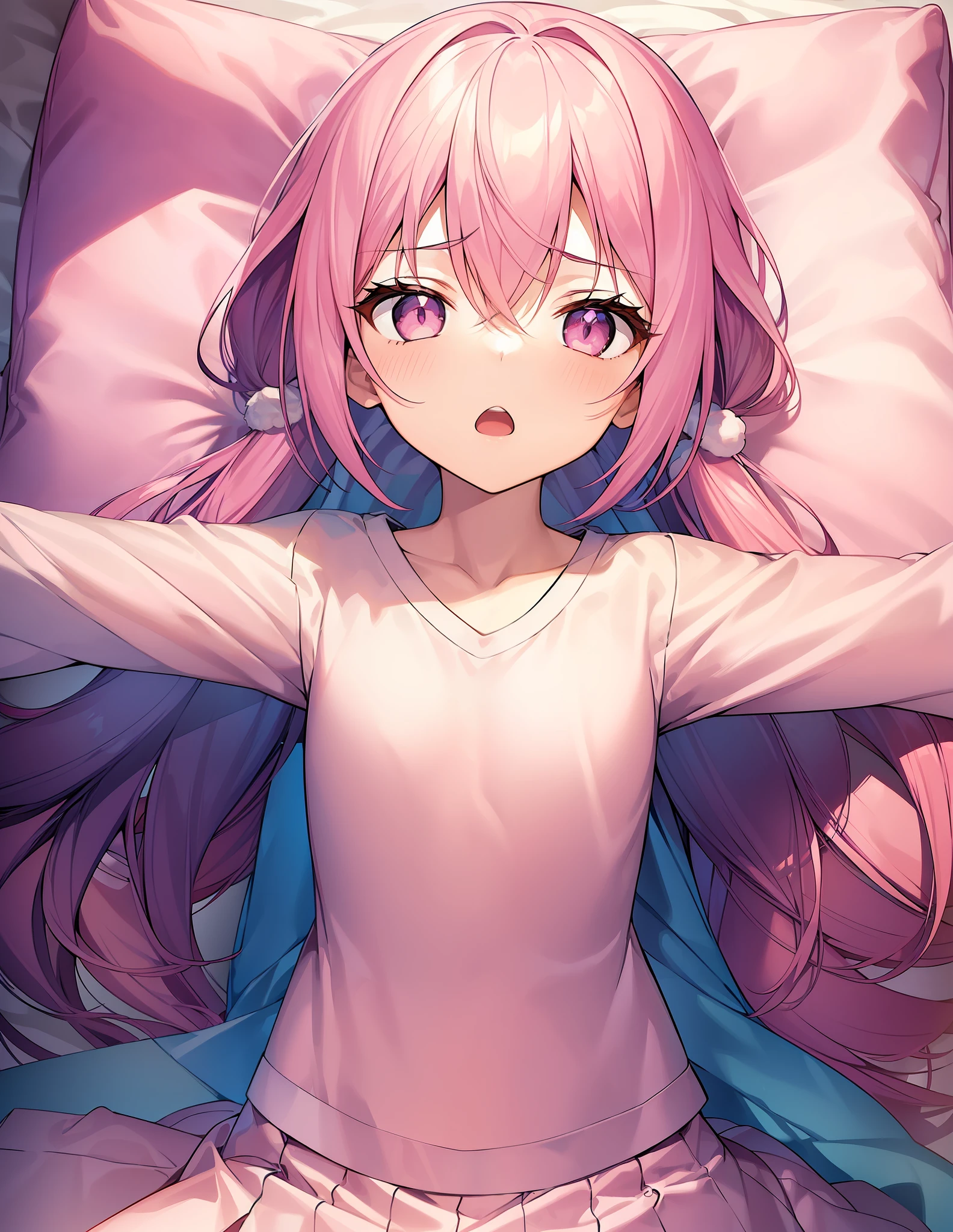 1girl in. Pink hair.Long hair.{Lori}.Short stature.tiny chest.white t-shirts.Skirt. (((masutepiece))).(((Best Quality))).)((Ultra-detailed))).(((Illustration))). (((Spread your arms))).(((a bed))).PILLOWS.Despair face.Opening Mouth.I open my eyes.