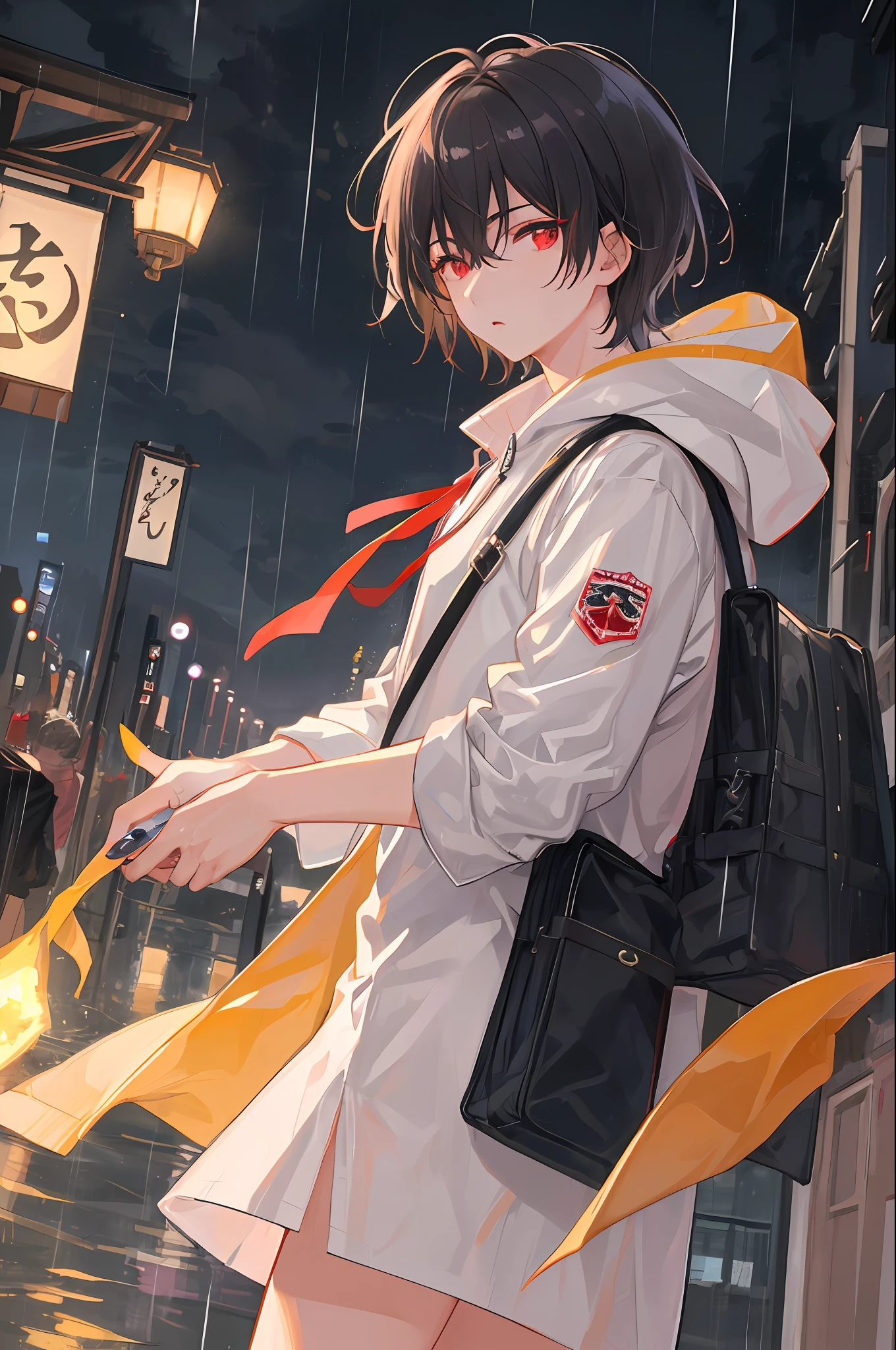 Best quality, More details, Mastery, 1boy , Male focus, Red eyes, Solo, bangs, view the viewer, Hood, Short hair, rain, tokyo tokyo \(City\)，Nail polishing，whaite hair，luxury goods，8K，the detail，Ray traching，depth of fields，电影灯光，