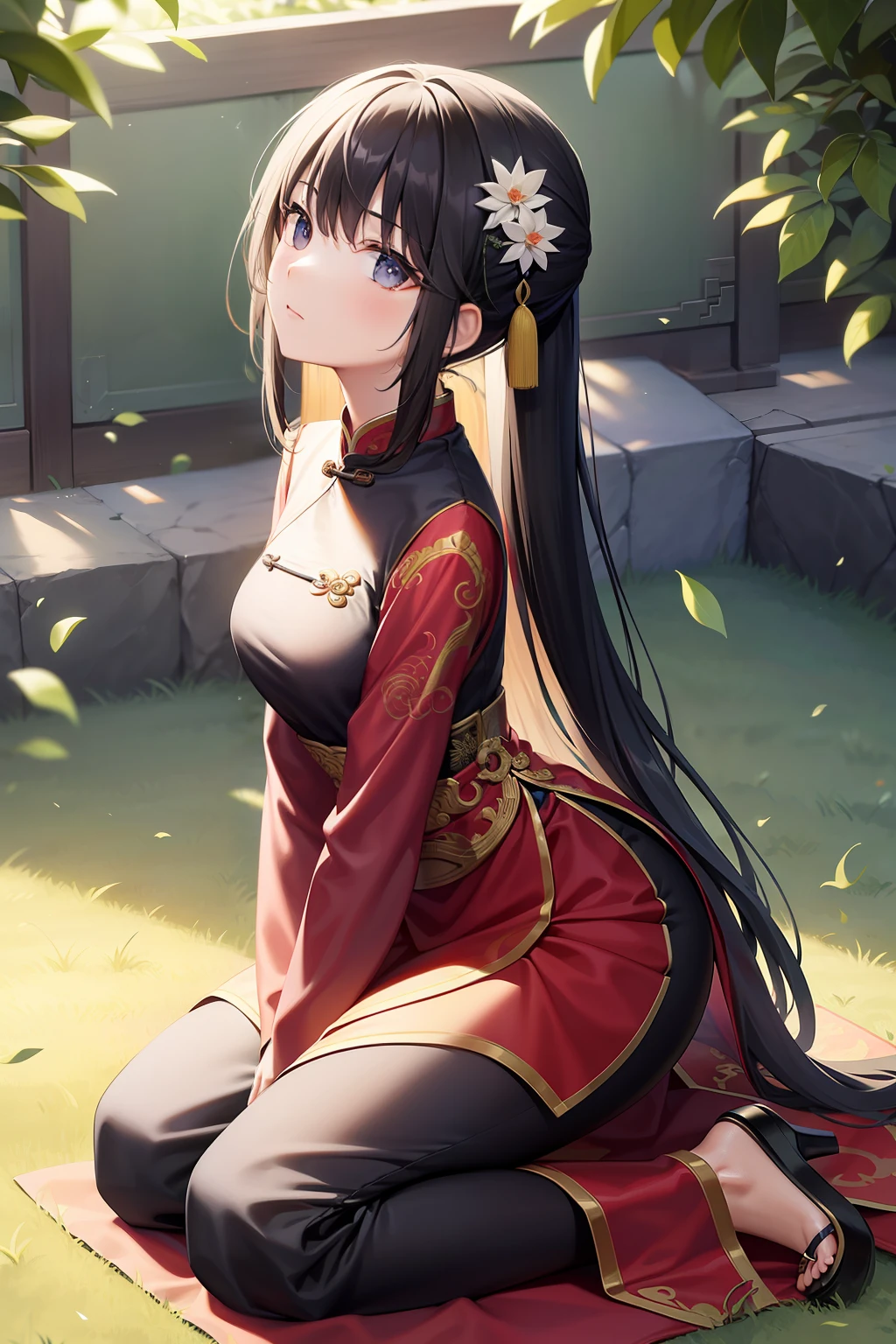 Kneel on the ground and plead,Ancient Chinese costume long skirt,Look up to the side,Lateral face
