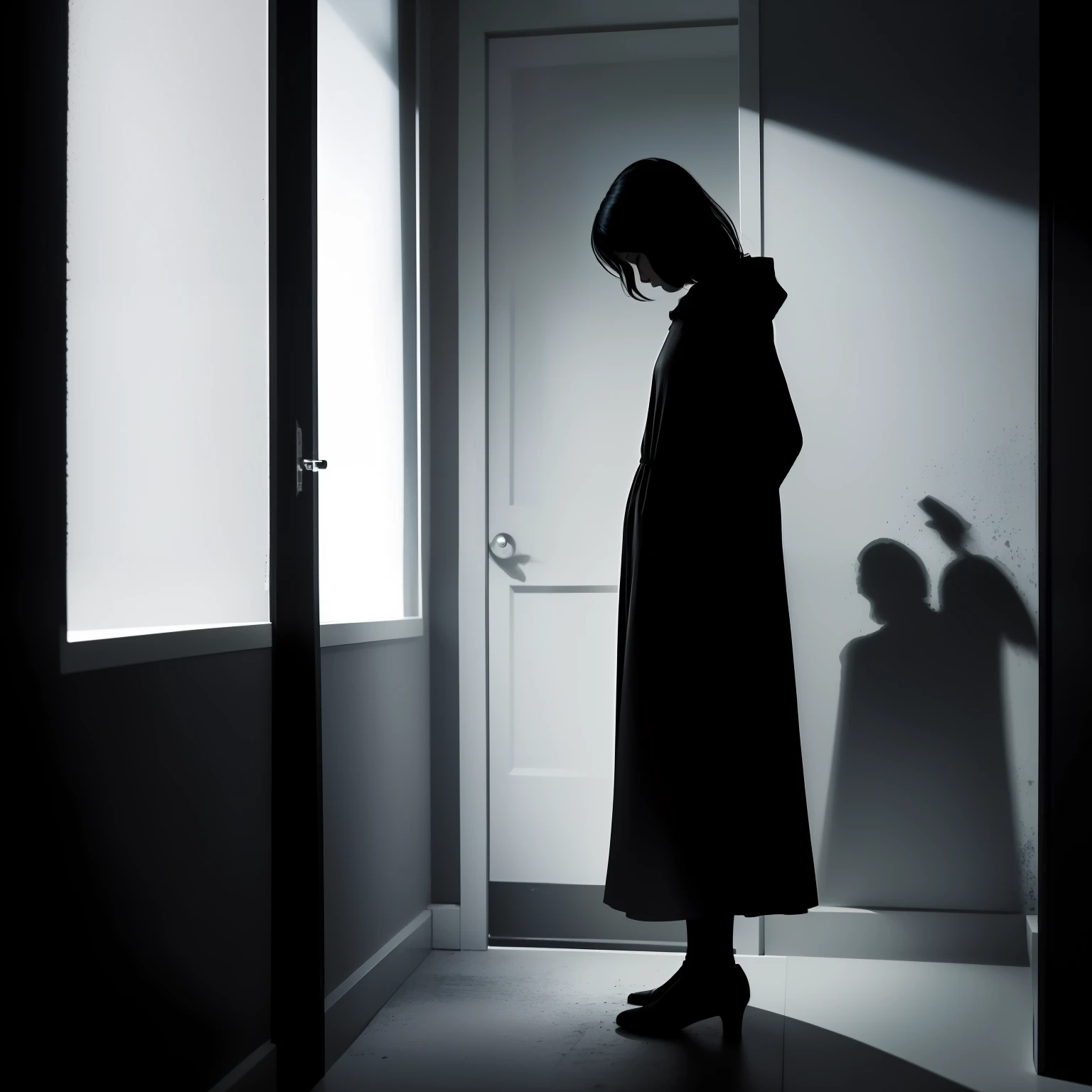 there is a silhouette of a person standing in a doorway, eerie person silhouette, standing in a dimly lit room, female image in shadow, shes alone, crawling out of a dark room, woman silhouette, claustrophobic room, shadow filled room with gloomy, 'lone dark figure'!!, ghost of a young girl, yume nikki, in small room