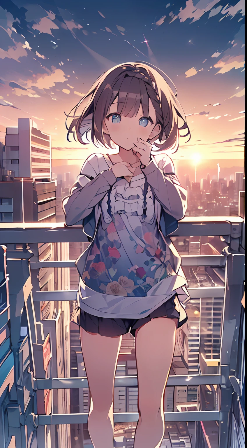 masutepiece, Best Quality,Illustration, Wallpaper, Ultra Detail, absurderes, 1loli, Solo, (Medium short hair、short braided hair), Beautiful detailed eyes , (Street), luminous sky,(a panoramic view:1.3),(Sense of depth:1.5),(longshot:1.3)