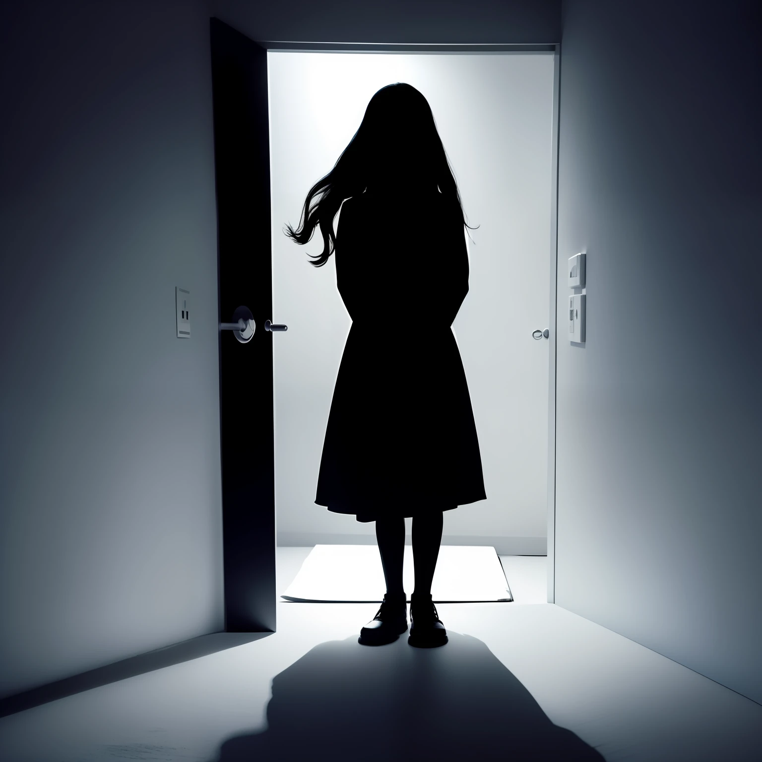 there is a silhouette of a person standing in a doorway, eerie person silhouette, standing in a dimly lit room, female image in shadow, shes alone, crawling out of a dark room, woman silhouette, claustrophobic room, shadow filled room with gloomy, 'lone dark figure'!!, ghost of a young girl, yume nikki, in small room