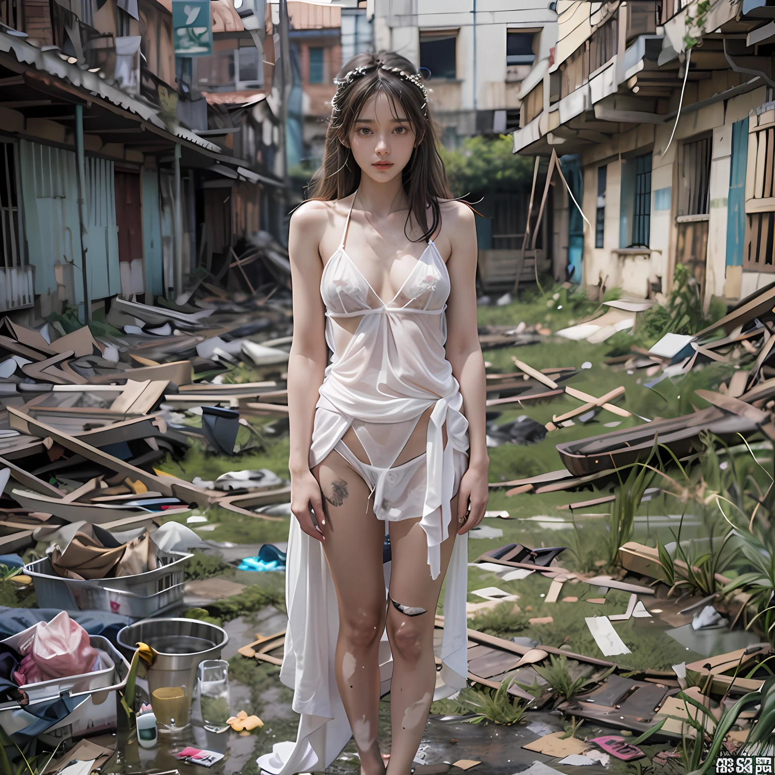 Abandoned schools，Sexy standing pose，White transparent bikini，Exposing the genitals ，Garbage all over the ground，Dilapidated，Devastated，best qualtiy，full-body portraits（1：1），18 years old girls，lean and slender body，Skinny，Smaller bust，The barefoot，Leaky ，Leakage of all breasts，Naked all over the body