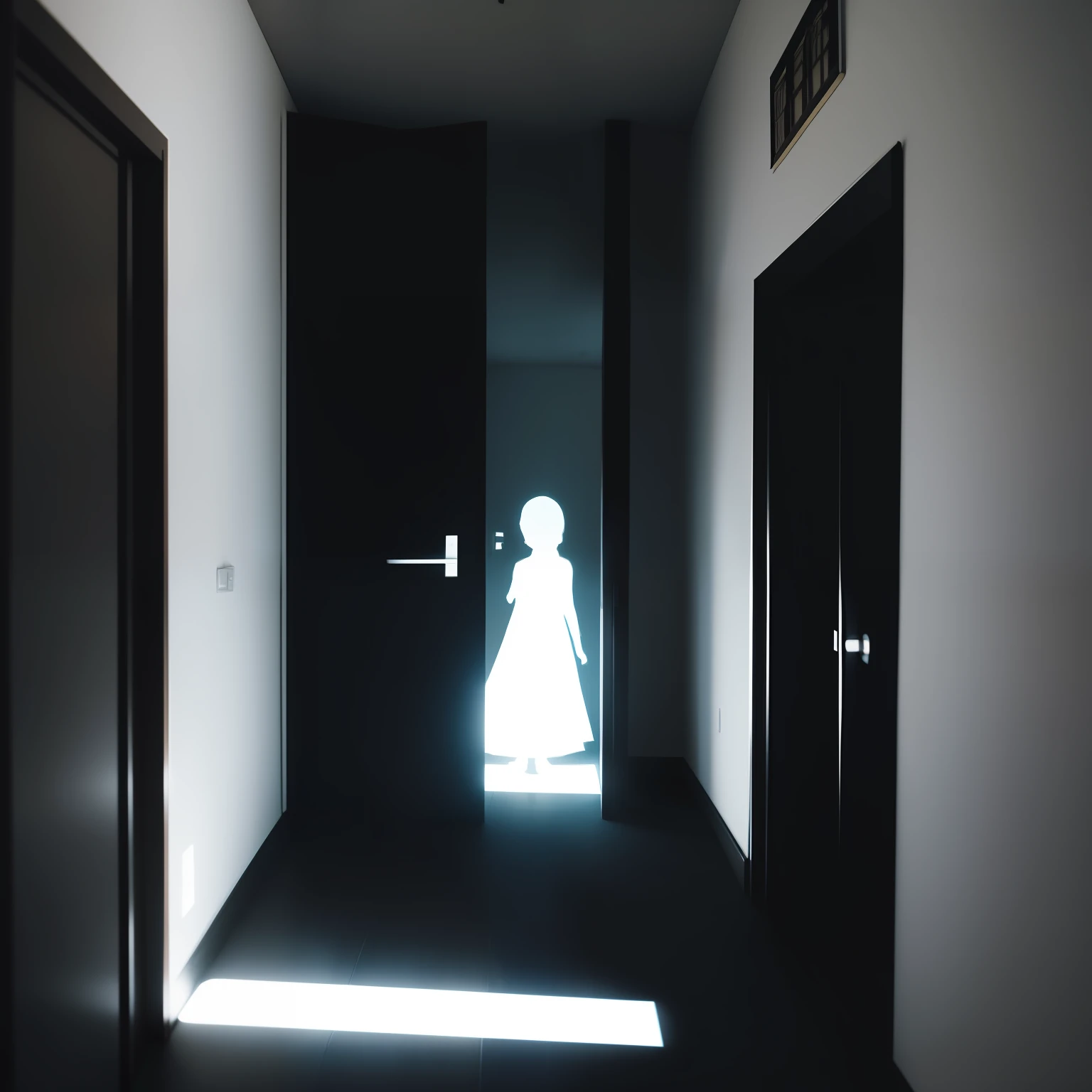 there is a silhouette of a person standing in a doorway, eerie person silhouette, standing in a dimly lit room, female image in shadow, shes alone, crawling out of a dark room, woman silhouette, claustrophobic room, shadow filled room with gloomy, 'lone dark figure'!!, ghost of a young girl, yume nikki, in small room