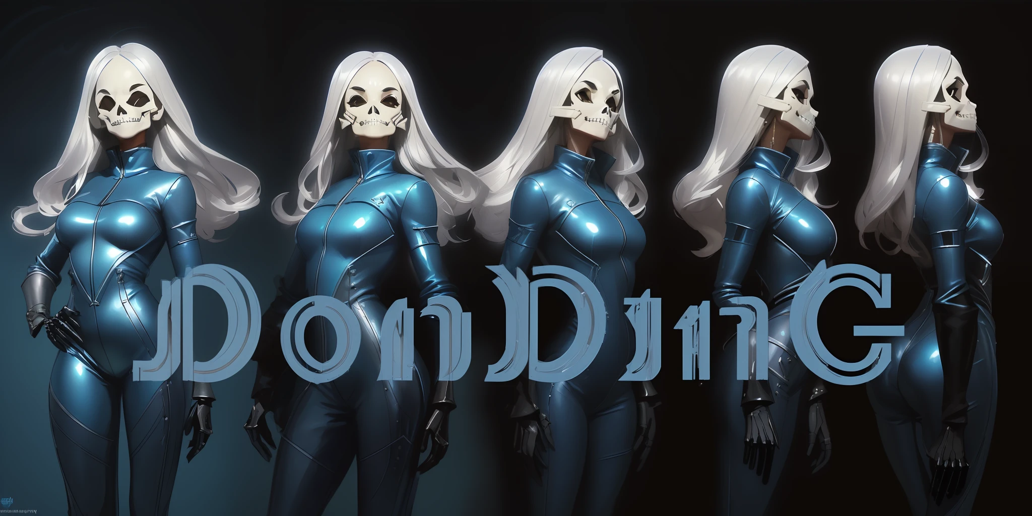 (character sheet of the same exact skelleton with silver hair wearing a blue leather jumpsuit:1.5), (((simple studio background))), reference sheet, HDR photograph by ((Ilya Kuvshinov)), by Ed Blinkey, Atey Ghailan, Studio Ghibli, by Jeremy Mann, Greg Manchess, Antonio Moro, trending on ArtStation, style of CGSociety, Intricate, High Detail, Sharp focus, dramatic, photorealistic painting art by midjourney and greg rutkowski, charturnbetalora