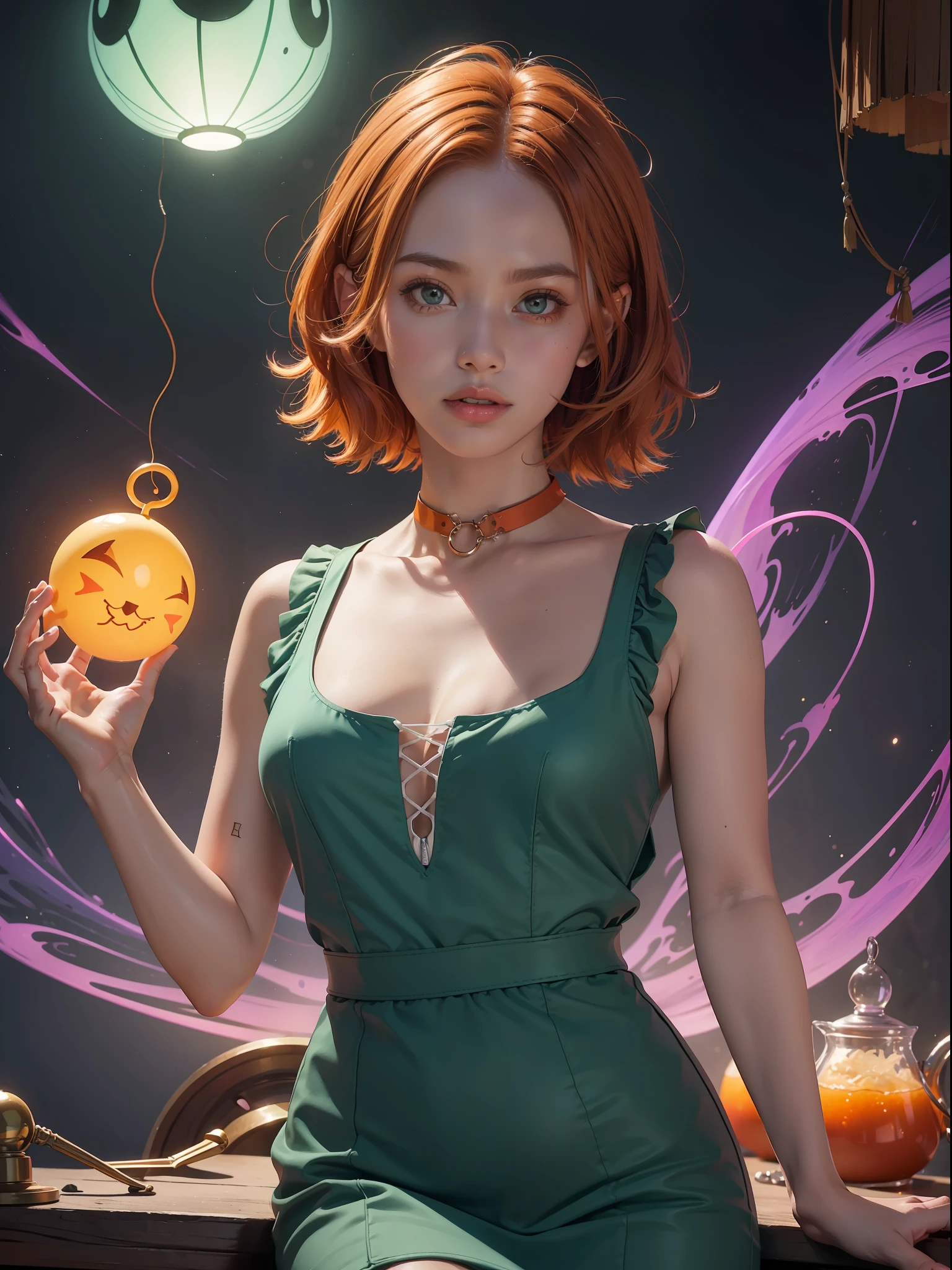 concept art, overhead angle of a Will-o'-the-wisp, wearing Funny Somali Emerald deep orange Pinafore, Caramel hair styled as Short hair, fluorescent purple Hair tie, equirectangular 360, Highres,  [(art by Willi Baumeister:1.1), (art by John T. Biggers:1.2)::17], official art, unity 8k wallpaper, ultra detailed, aesthetic, masterpiece, best quality, photorealistic