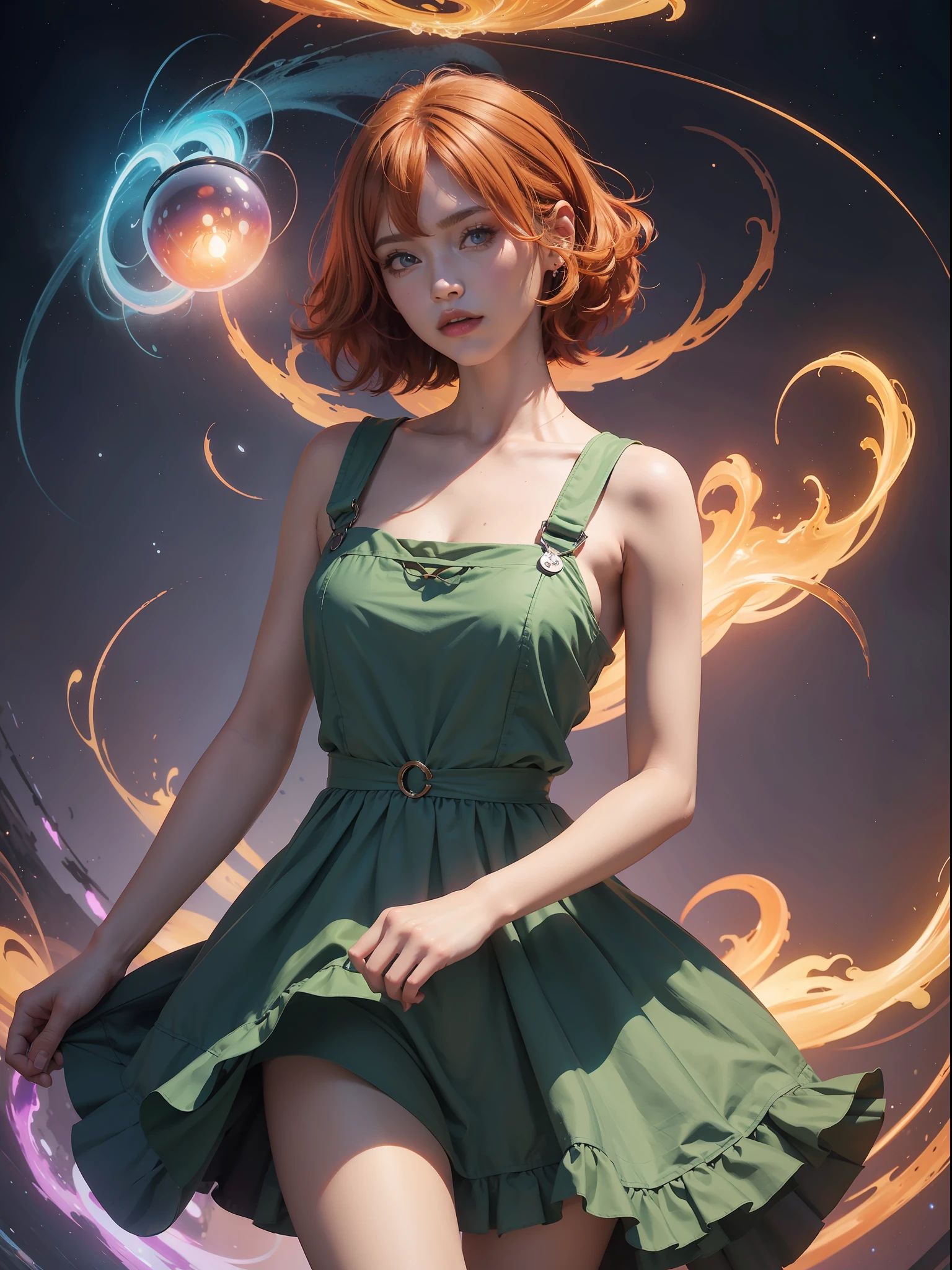 concept art, overhead angle of a Will-o'-the-wisp, wearing Funny Somali Emerald deep orange Pinafore, Caramel hair styled as Short hair, fluorescent purple Hair tie, equirectangular 360, Highres,  [(art by Willi Baumeister:1.1), (art by John T. Biggers:1.2)::17], official art, unity 8k wallpaper, ultra detailed, aesthetic, masterpiece, best quality, photorealistic