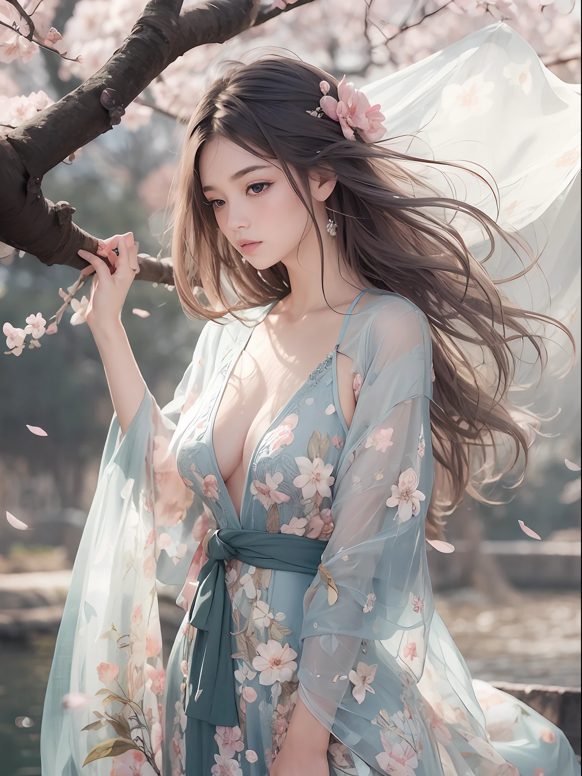 loose outfit、Show shoulders、How to wear a gown with a broken see-through halter neck、Decorated with intricate patterns and pastel colors、Transparent material that makes the skin shine、Artistic depiction of seductive woman in gown with wet thin cloth and transparent skin, Floral and fantastic pattern with flowing silky traditional see-through skin。Her dress draped elegantly around her curvaceous figure、Emphasizes her charming silhouette。She's a gentle fireworks night、Dynamic Posing、Sexy Posing、bathed in the soft glow of moonlight。The scene is、With a hint of mystery and sensuality、It exudes an ethereal dreamy atmosphere。The image style is、It incorporates a blend of watercolor and digital illustration techniques.、It makes you feel delicate beauty and charm。Soft moonlit lighting、Cast gentle highlights and shadows on her mesmerizing features。Dynamic Posing、Bold poses、The hand is somewhere、see -through、show through、A sexy、Wet hair、Wet、cherry trees、flower petals、cherryblossom、The cherry tree、Sakura blizzard、buried、Transparent skin、Wet clothes、Chest Pulling、Translucent clothes、Eau、nudde、2a person、