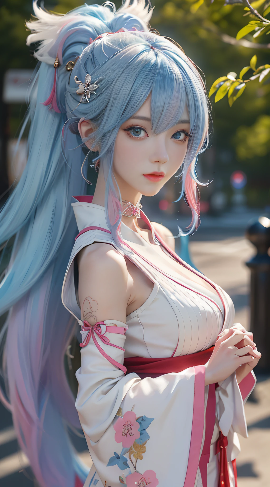 Anime girl with white hair, Blue eyes and red umbrella，White-haired god，Kushat Krenz key art feminization，Onmyoji detailed art，onmyoji portrait，best anime 4k Konachang wallpapers，Detailed digital anime art，Anime goddess，High detail official artwork，detailed anime art，onmyoji，portrait of a female anime hero，long leges，chibiStyle，loli face，The beauty of the cold is touching，(((colorfulhair)))，((half blue, half pink hair))，(Perfect eye painting)，eyes with brightness，choker necklace，耳Nipple Ring，Delicate mouth，Delicate nose，Delicate makeup，Braided ponytail hair，Red lips，(Purple eyes)。perfect body figure，(Streamer Girl)，Yellow T-shirt，Delicate tassels，expressioness，Ribbons，is shy，Efeito de Luz，downy，white backgrounid，Ultra-clear，HD picture，full-body portraits，frontage，having fun，（Hand held fan），the cherry trees，