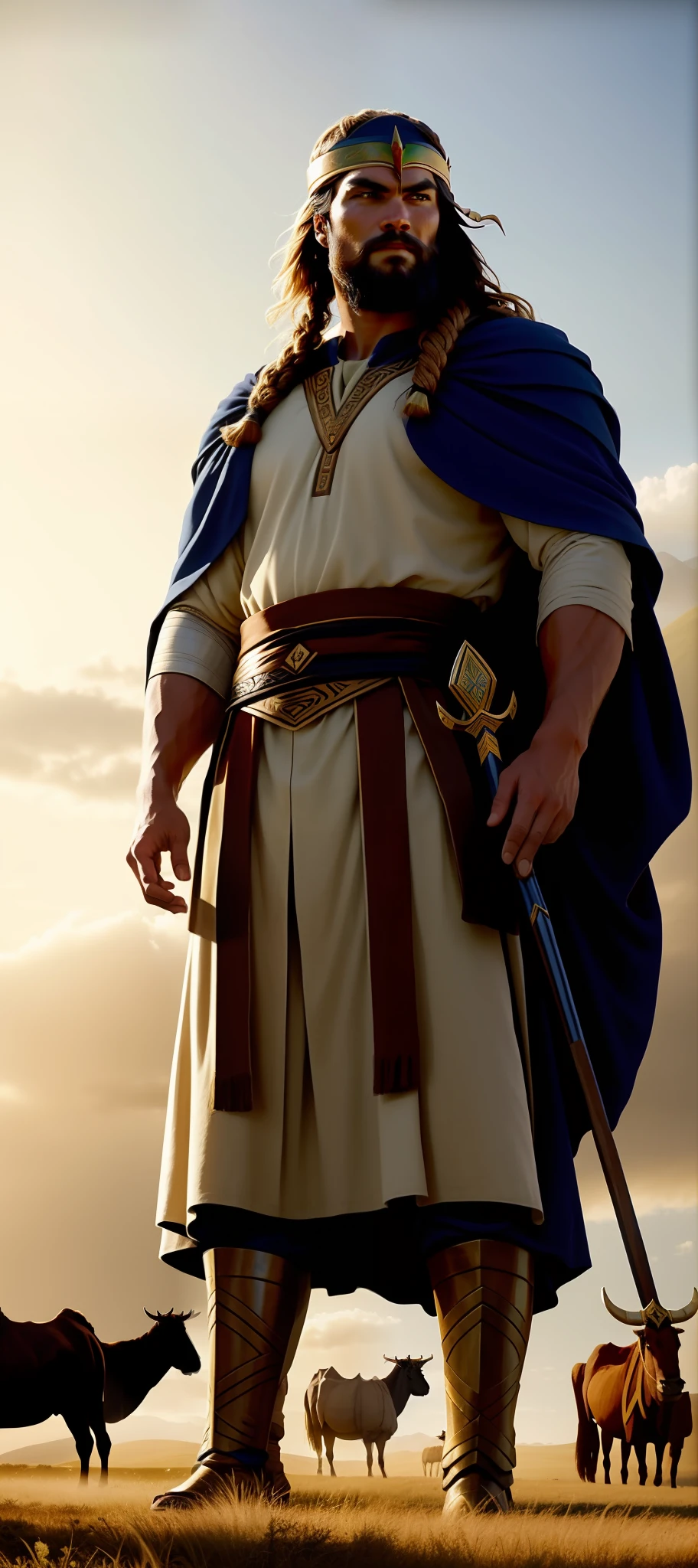 A closeup of a person standing in a field with oxen, camelos e ovelhas, biblical epic movie, moses, Greg Olsen, arte conceitual de deus, jason momoa as assyrian, Directed by: Daniel Taylor, epic biblical representation, a person standing in front of a, Jason Momoa como Conan, epic cinematic matte painting, he's facing off, com cabelos e barba longas, No projeto de Eliot Kohek
