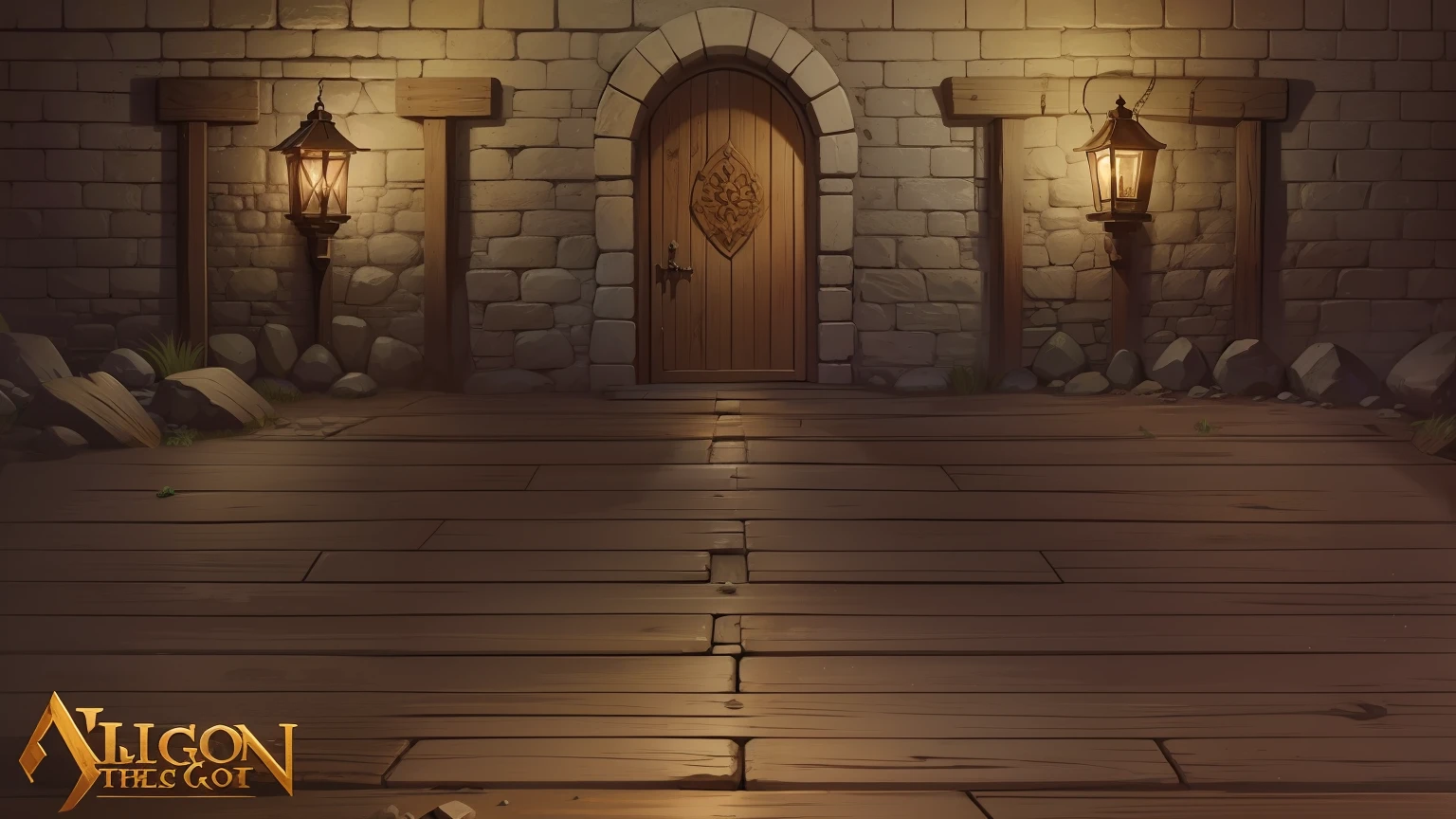 Medieval Western style,dungeon,stone wall,There are lights on the walls,There is a wooden door in the middle,Below is the plank,
