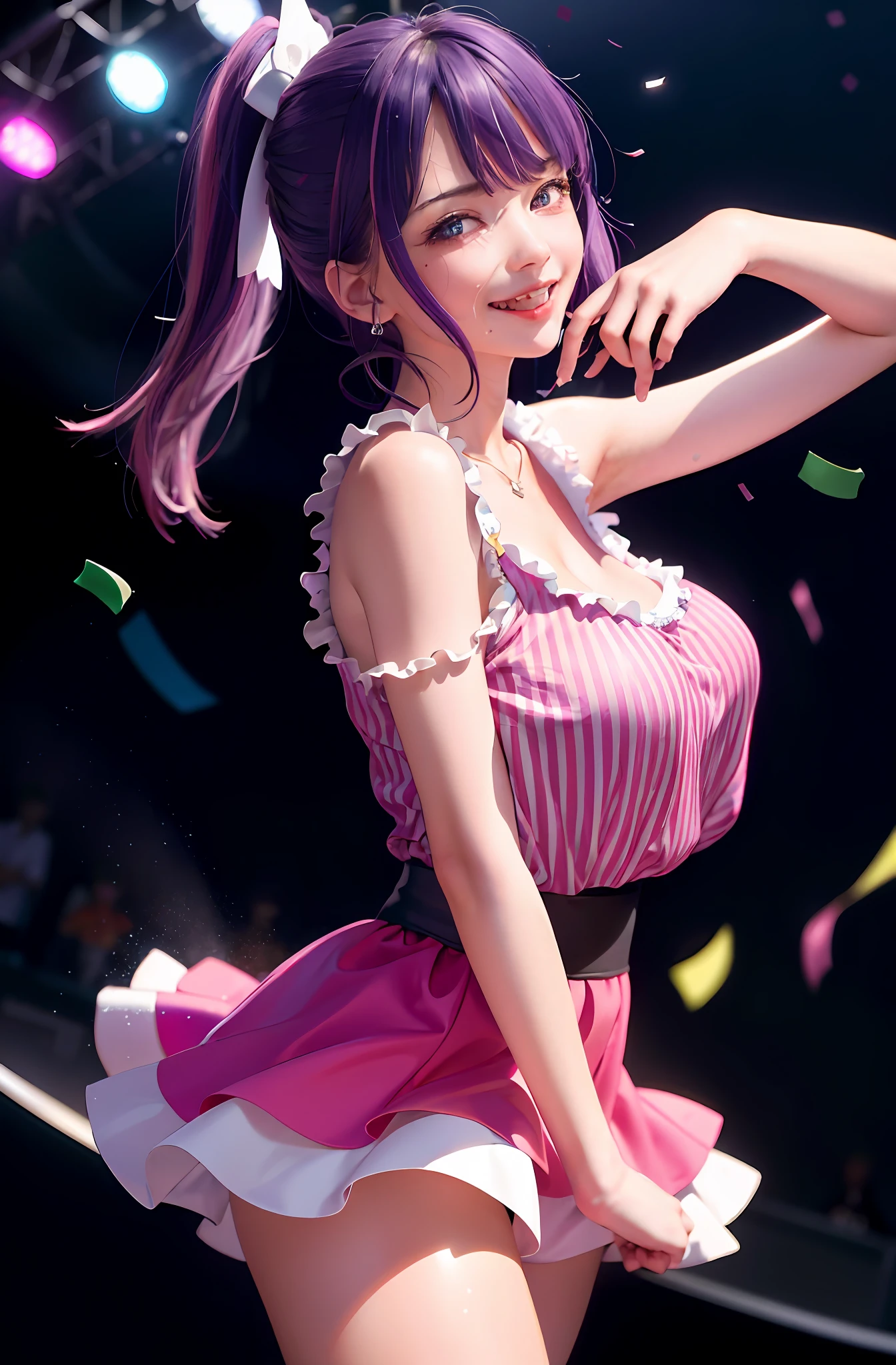 absurderes, A high resolution,
BREAK
looking at viewer, Cowboy shot, (From the front side:1.5)
Break
(vibrant with colors:1.3)
Break
(One girl:1.3), (Loli:1.2), (Ai Hoshino:1.4), (Purple hair, Striped hair:1.5), (Purple eyes:1.5), (Happy smile:1.7), holding a mic, (Singing, One arm up, One eye closed, lifting her feet:1.3), Twisting waist, (Shiny eyes:1.3), (Upturned eyes, Happy smile:1.2), Star-shaped pupils, hair pin, Earrings, jewelry, nm1, Short hair, (mitts:1.2), (frilld, Pink shirt:1.2), Arms up, dress pull, roaring twenties, Sleeveless, shirt, heartthrob, pupils in symbol shapes, Hands up, (White fluid on the body:1.4), (Thighs:1.3), (Huge breasts, cleavage:1.3), (Face focus:1.2), Open mouth, (breast enhancement:1.3), Round eyes, (Blowing in the wind:0.5), (Sweating around girls, Dripping sweat:1.3), squall (Wind:1.2), Sense of speed, refreshingbreeze, motion blur effect, wind
BREAK
background is (on the Idol stage:1.3), (Stand in the center of the screen:1.3), Indoors, idol live, wind
BREAK
magnificent view, (10,000 people spectators:1.3), Light particles, (Confetti:1.4), Dynamic Angle, Dutch angle, perspective
BREAK
(Night, spotlight lights:1.5), Depth of field, Bokeh, light leaks, (color difference:1.2)
Break