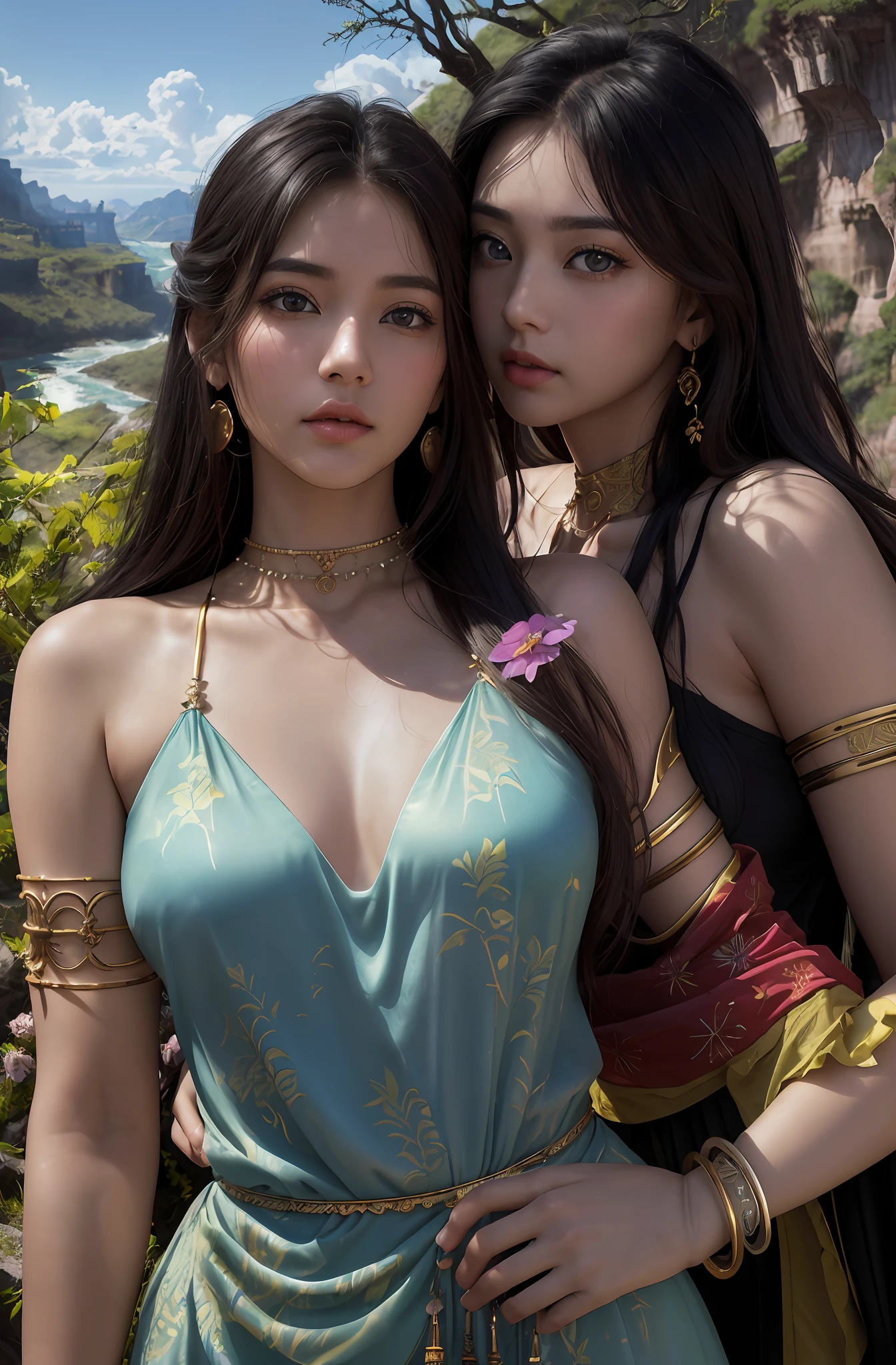 2girls,duo,8K Raw photograph,超高分辨率, filmgrain, filmg,view the viewer, Natural skin texture,Realistic eye and face details,((Realistic:1.5)),Ulzzang-6500:1.4,((Best quality)), ((Masterpiece)),((Detailed)),{2 beautiful women}, (Upper body:1.3),Hug and touch each other, Tease your friend's waist, Breathless friends, Biting a friend's earlobe, crouched,super wide shot,Face focus, Long legs,Curvy, Barefoot,Wide hips, Thin legs, Oversized eyes,Long eyelashes, (Detailed face,beautidful eyes, detailedpupils,detailed clothes features, Clear background:1.3), (armlets, bangle:1.3), Mysterious ancient ruins, floresta exuberante, Deep canyon,bridge,River,cliff,Cloud,lakes,Rock music,Waterfalls, Flowers, Grass,grape trees,tree,bright detail,Sharp,Perfect compounding, Intricate, Sharp focus, Dramatic,