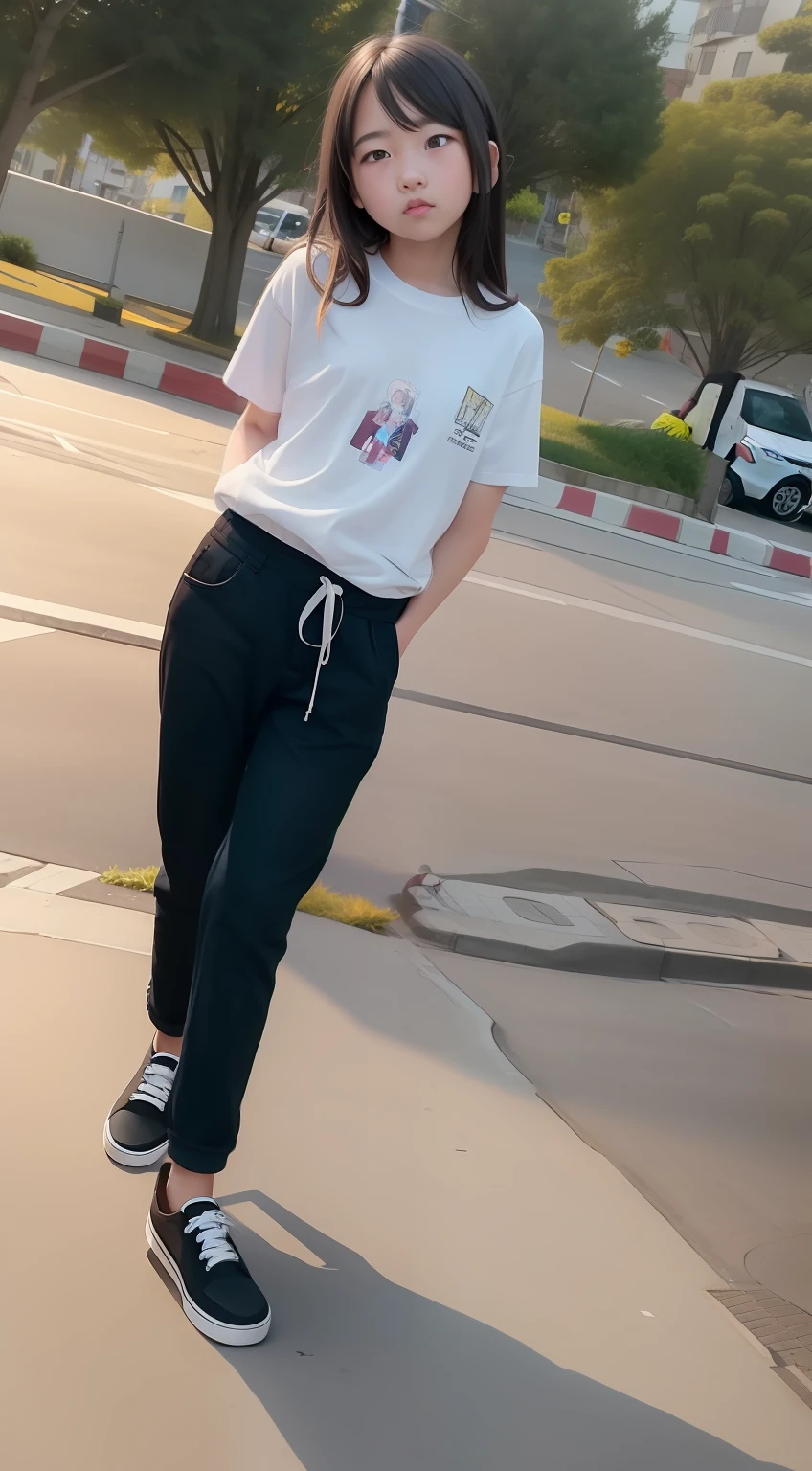 there is a young girl standing on a sidewalk with a skateboard, standing in road, distant full body view, standing in street, full body picture, standing in township street, taken with a canon dslr camera, candid picture, standing in a city street, candid photograph, standing in the street, wearing pants and a t-shirt, taken with sony alpha 9