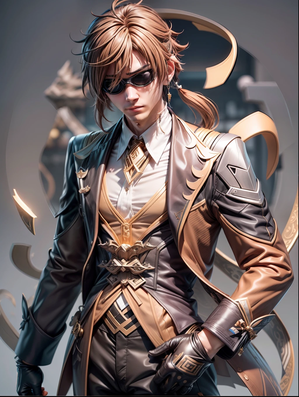 (Blind box toy style:1.2), (Full body shot) , 1 masterpiece, Best quality, anatomy correct,1 boy solo, Zhongli (Genshin Impact), Brown hair, single earring, mitts, nipple tassels, bangs, Black gloves, jewelry, Tassel earrings, Single ponytail, hair between eye, Jacket, Long sleeves, shirt, tiese, Collared shirt, formal , suit, floating object, Delicate facial features,Closed mouth, dreamy glow, Clean, Clean background ( Global illumination, Ray traching, hdr, unreal render,reasonable design, high detal, Masterpiece, Best quality, hyper HD, Cinematic lighting)