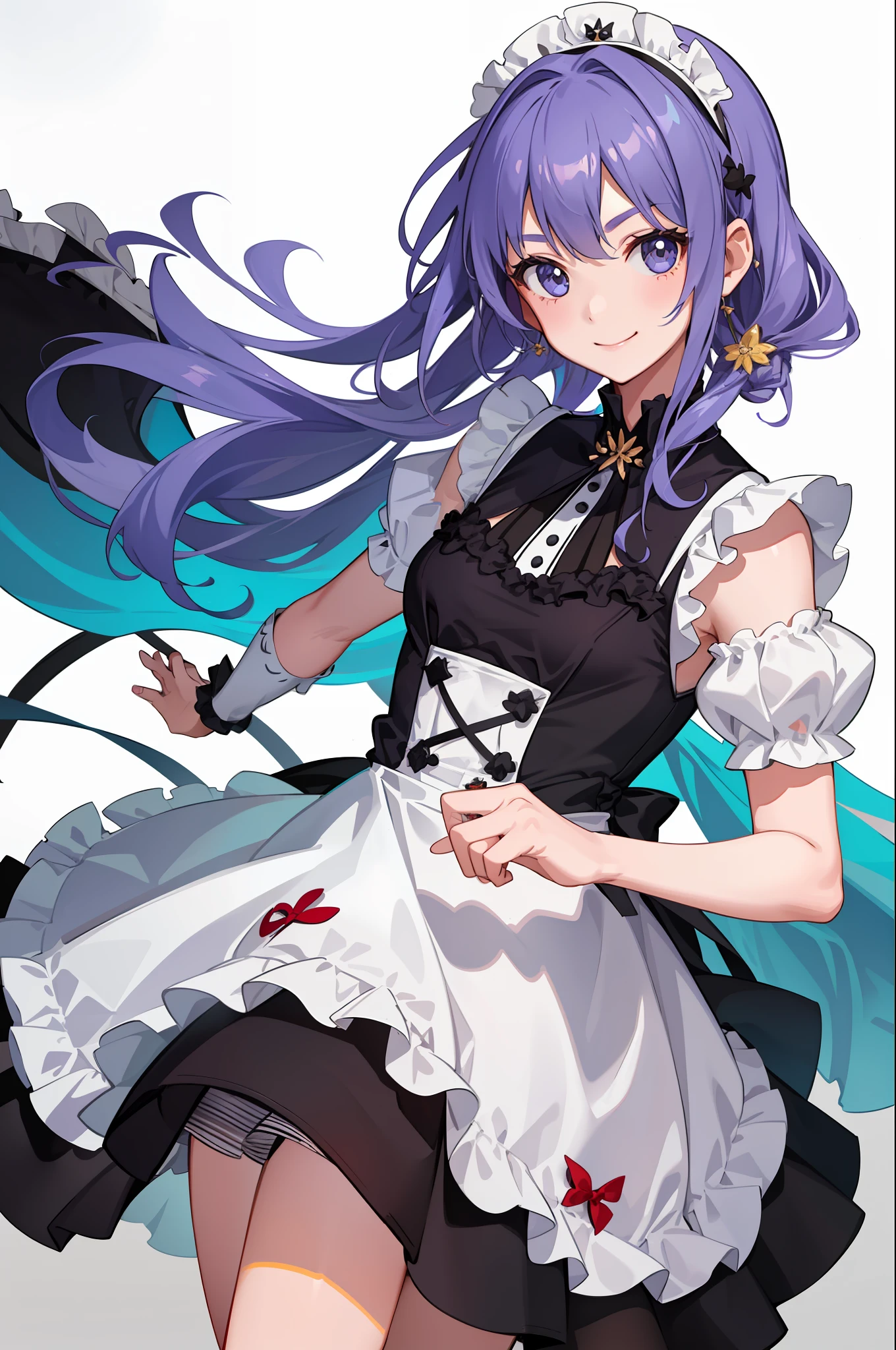 1girl in、A smile、A delightful、skirt by the、(small tits)Chilarism、doress、pinafore、Maids、hair adornments、