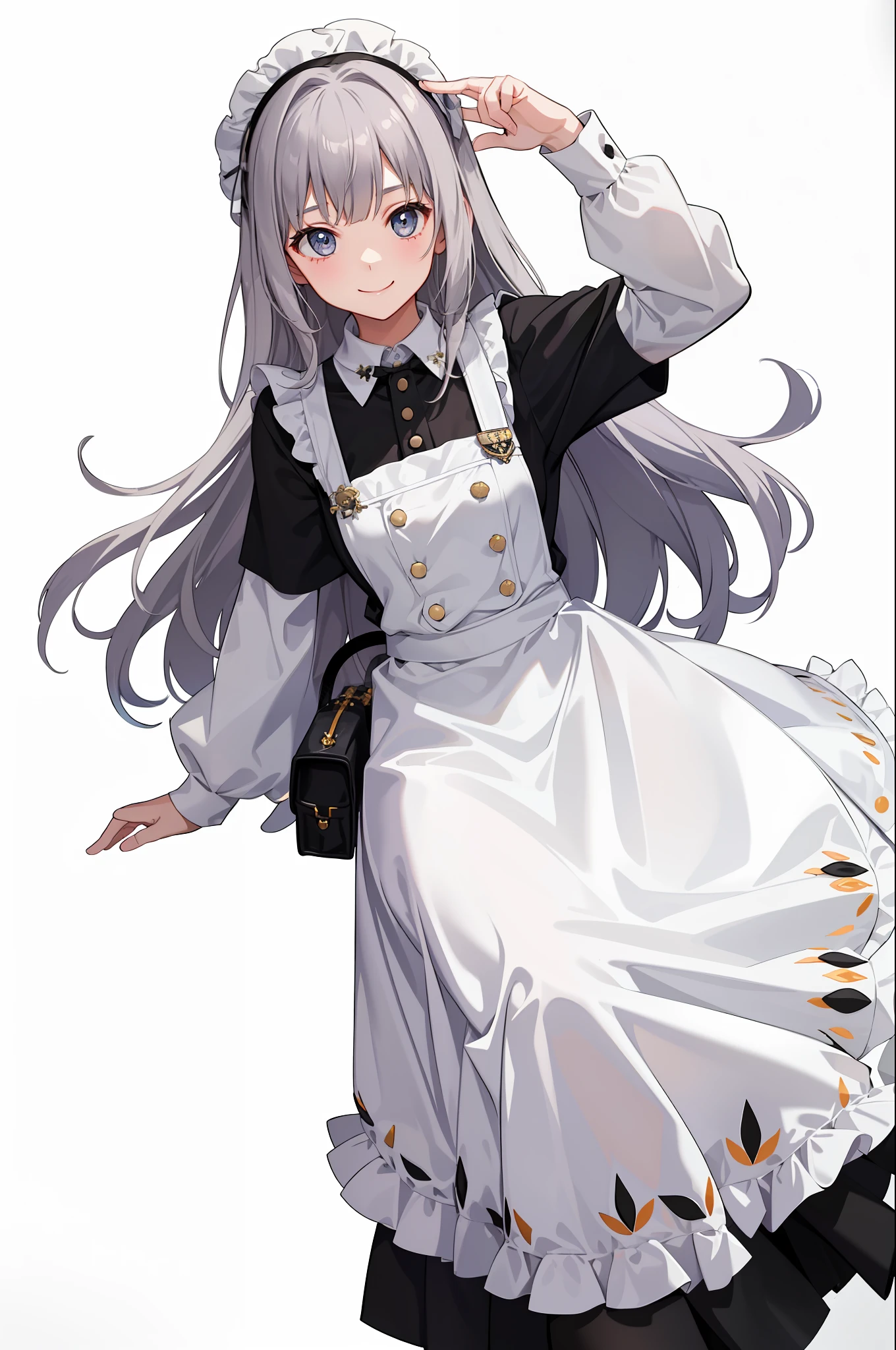 1girl in、A smile、A delightful、skirt by the、(small tits)Chilarism、doress、pinafore、Maids、hair adornments、