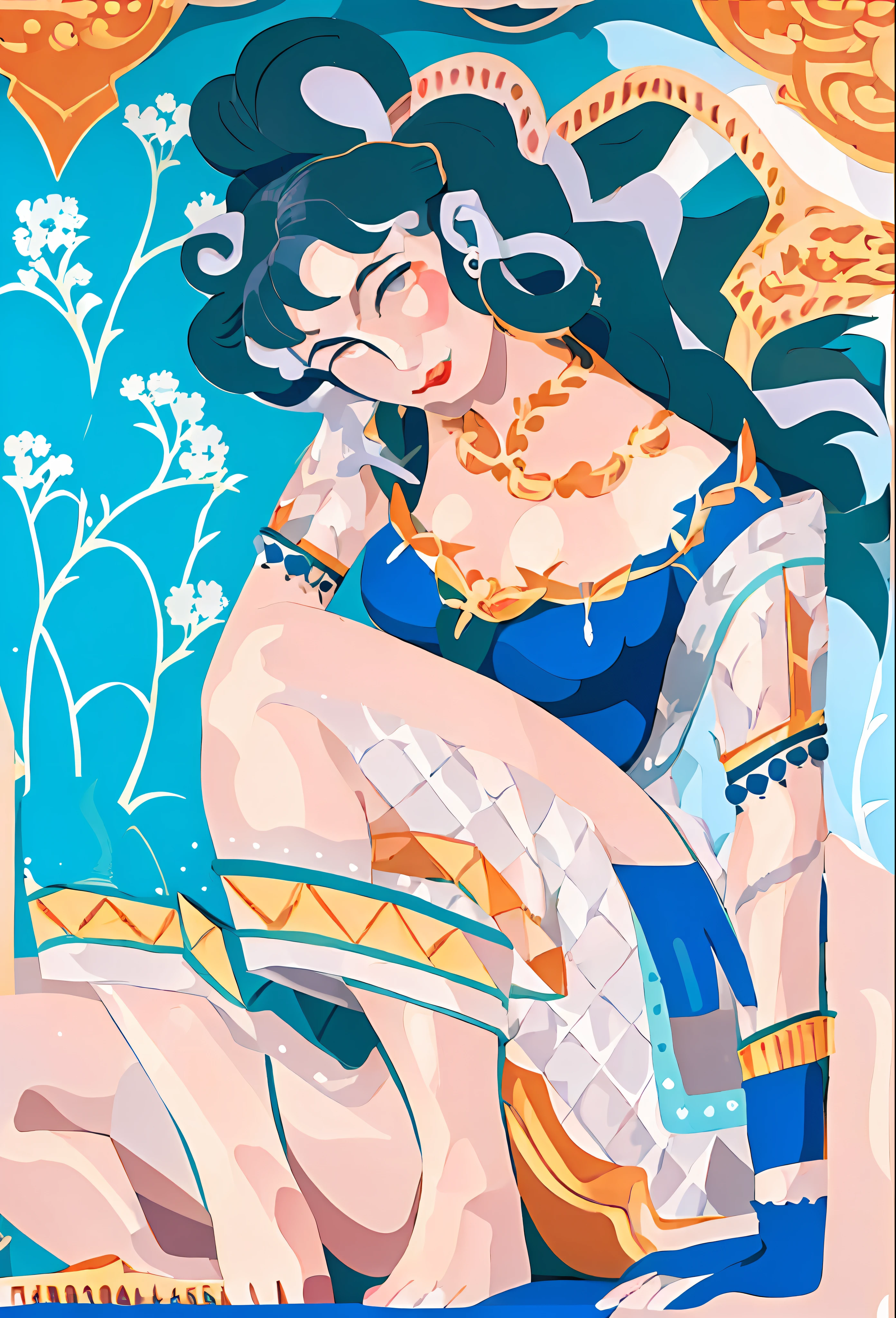 a close up of a woman in a blue dress sitting on a bed, inspired by Léon Bakst, inspired by Tawaraya Sōtatsu, gouache and ink, in the art style of ukiyo - e, gouache on paper, persian folktale artstyle, inspired by Utagawa Kunisada II, inspired by Utagawa Kunisada III