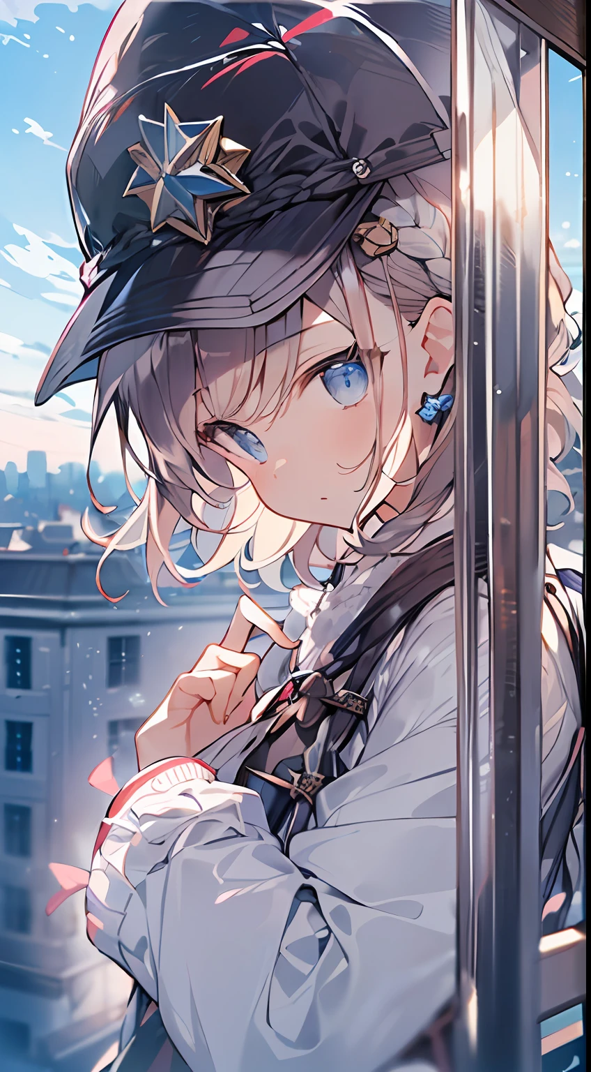 masutepiece, Best Quality,Illustration, Wallpaper, Ultra Detail, absurderes, 1loli, Solo, (Medium short hair、short braided hair), Beautiful detailed eyes , (Street), luminous sky,(a panoramic view:1.3),(Sense of depth:1.5),(longshot:1.3)