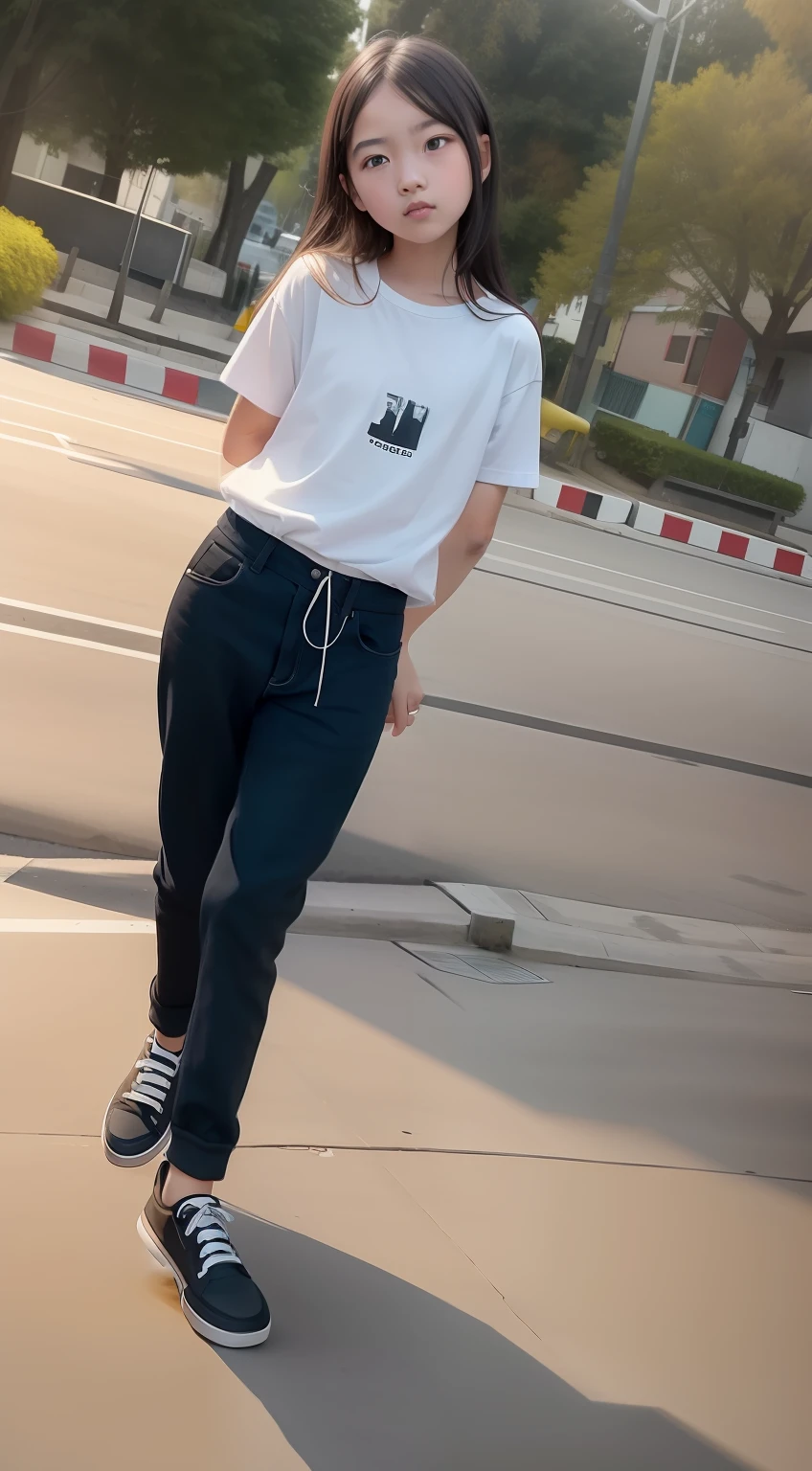 there is a young girl standing on a sidewalk with a skateboard, standing in road, distant full body view, standing in street, full body picture, standing in township street, taken with a canon dslr camera, candid picture, standing in a city street, candid photograph, standing in the street, wearing pants and a t-shirt, taken with sony alpha 9