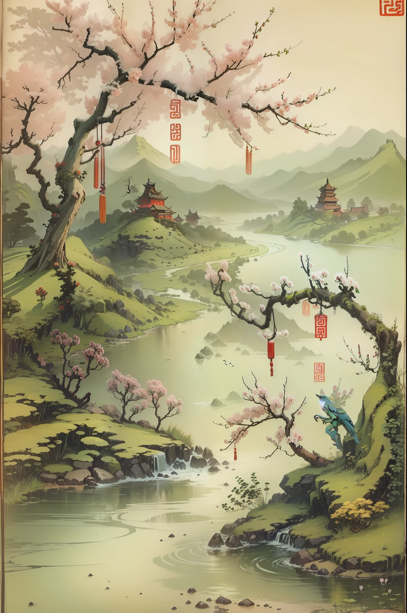 spring,Chinese Ancient Times,Chinese Tang Dynasty,A touch of desolation, a touch of life,Five Creeks,Moon,nigth