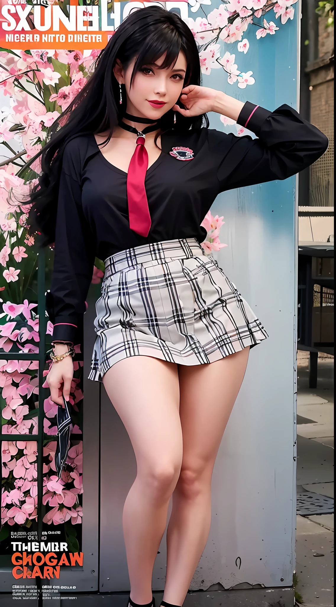 masterpiece, best quality, full body, 1girl, bangs, black choker, black necktie, blonde hair, blue skirt, blush, bracelet, breasts, choker, clothes around waist, collarbone, collared shirt, cowboy shot, dress shirt, ear piercing, eyebrows visible through hair, gradient hair, grin, gyaru, jewelry, kogal, long hair, looking at viewer, loose necktie, necktie, piercing, plaid, plaid skirt, pleated skirt, red eyes, ring, school uniform, shirt, skirt, smile, solo, white shirt, street, sky, cherry blossoms, petals,illustration, (magazine:1.3), (cover-style:1.3), fashionable, woman, vibrant, outfit, posing, front, colorful, dynamic, background, elements, confident, expression, holding, statement, accessory, majestic, coiled, around, touch, scene, text, cover, bold, attention-grabbing, title, stylish, font, catchy, headline, larger, striking, modern, trendy, focus, fashion,
