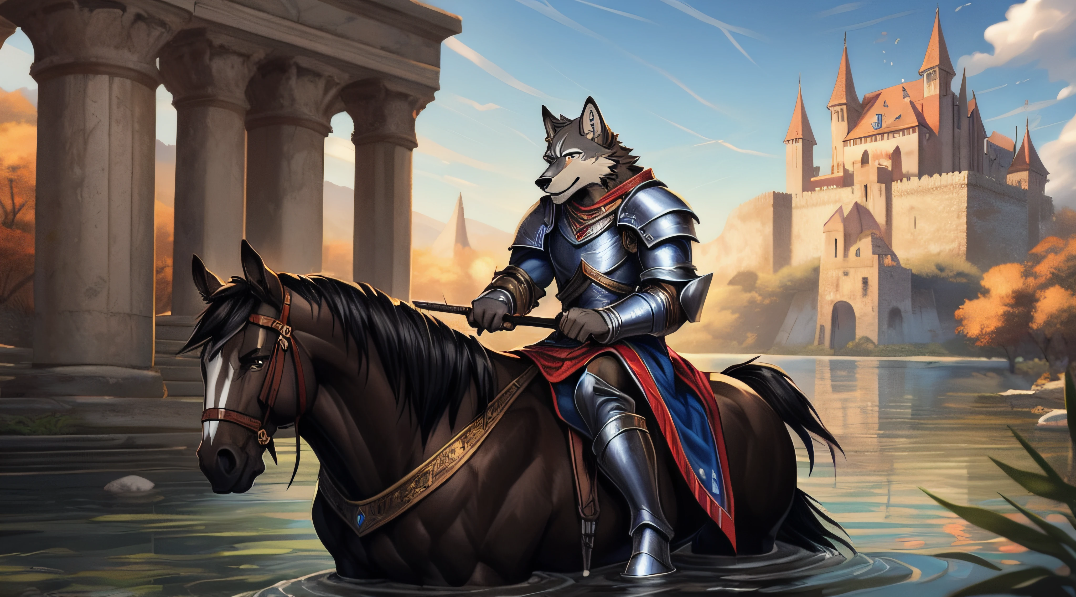 masterpiece, 8k, high resolution, anthro wolf, handsome, by the lake, furry, ancient Greek style, knight, castle in the background, assassin, riding a horse, nj5furry