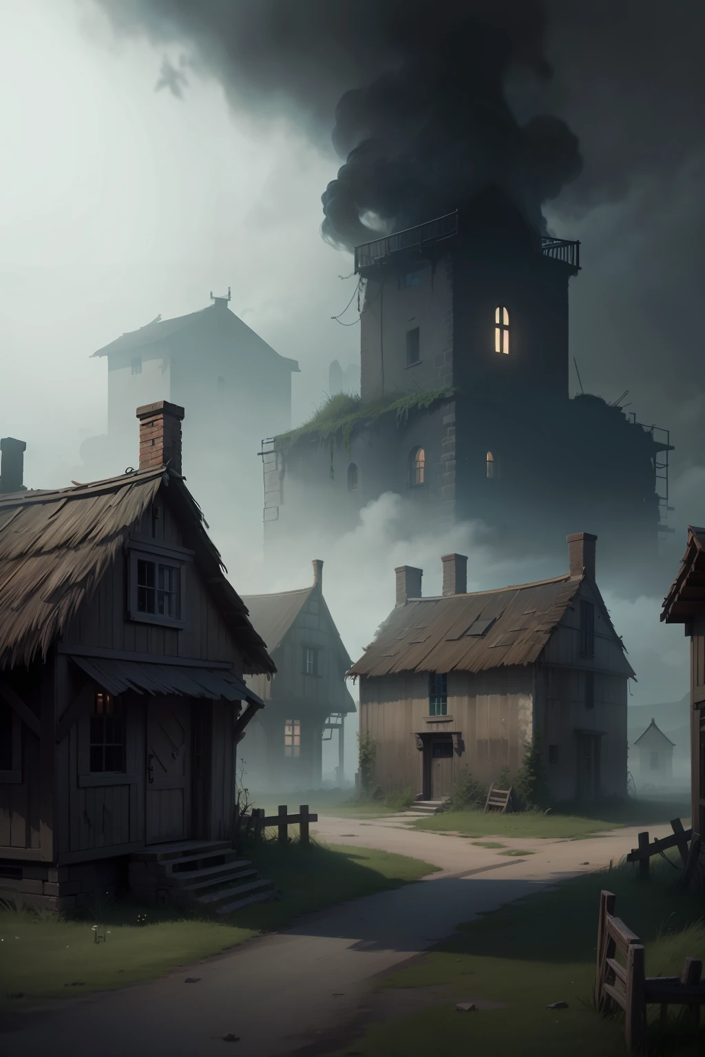 Create an old, abandoned village with a dark, mist-surrounded backdrop, In this village must have a dark and frightening tension