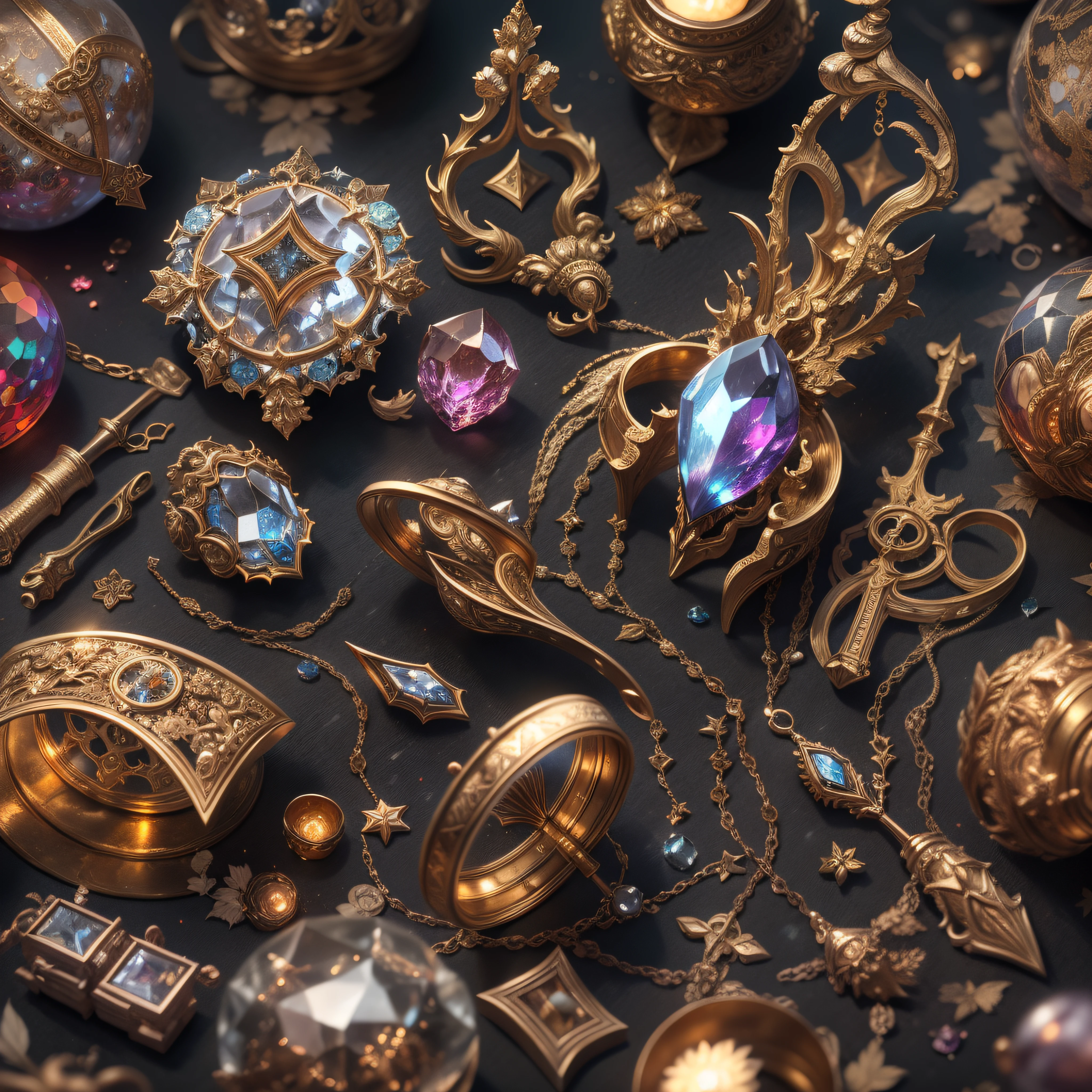 Exotic style，（Full Focus）,Antiques on the tabletop，Jewelry on the tabletop，Crystal gemstone on tabletop,Gold and silver products,Magic symbols，Magic light particle effect，high - tech，luxury goods， High-value jewelry,，High-value metals，luxury goods，Puzzles are prohibited, Detailed and complex background, glittery, reflective light, hyper HD, Award-Awarded, A high resolution, High detail, Chiaroscuro, Cinematic lighting, Masterpiece, Ray traching，structurally correct, Super detail, High quality, High details, Best quality, 16k