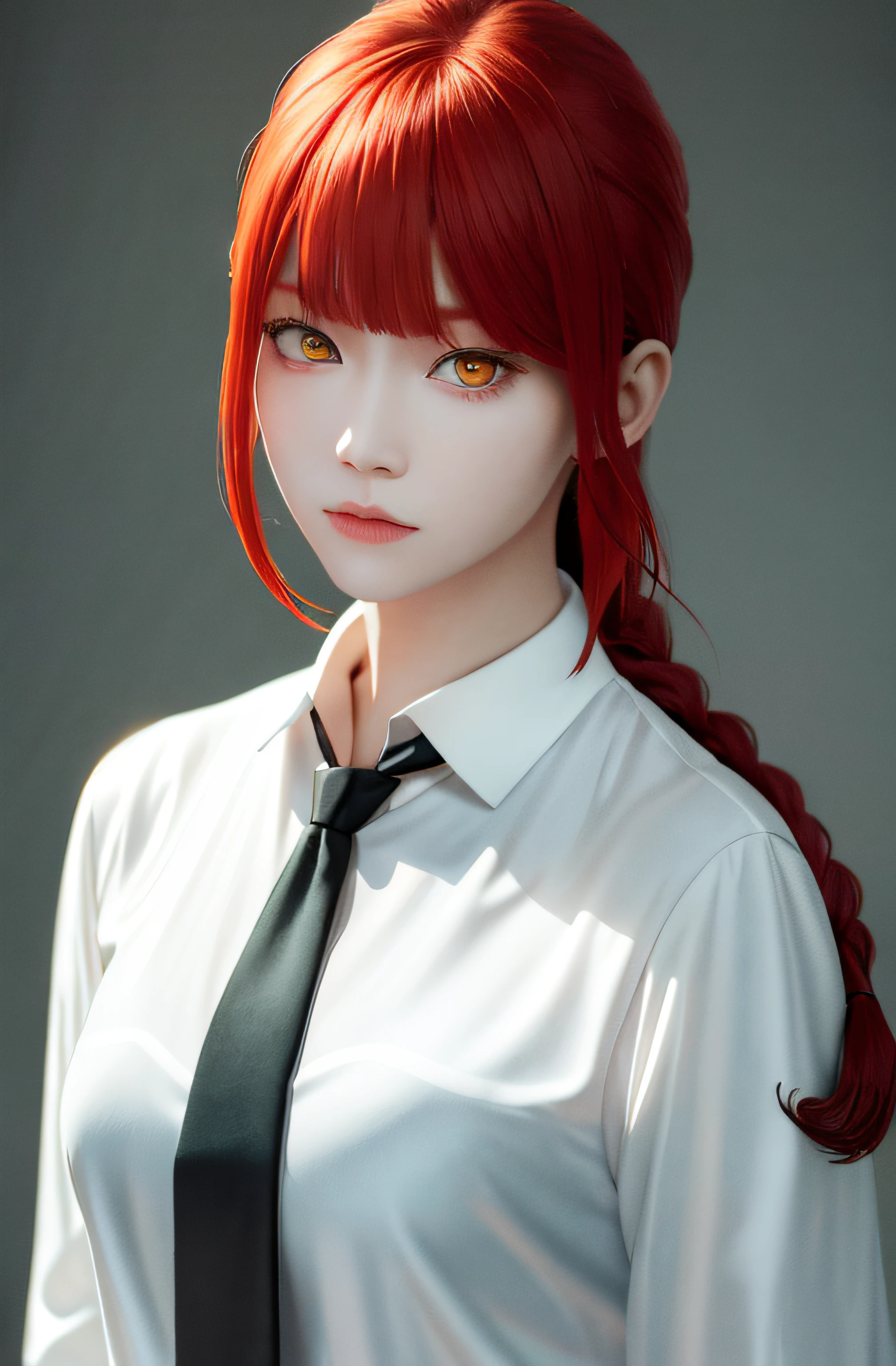 masterpiece, (photorealistic:1.4), best quality, beautiful lighting,
(ulzzang-6500:0.5), makima \(chainsaw man\), (red hair)+(long braided hair)+(bangs), yellow eyes, golden eyes, ((ringed eyes)), (white shirt), (necktie),
RAW photo, 8k uhd, film grain