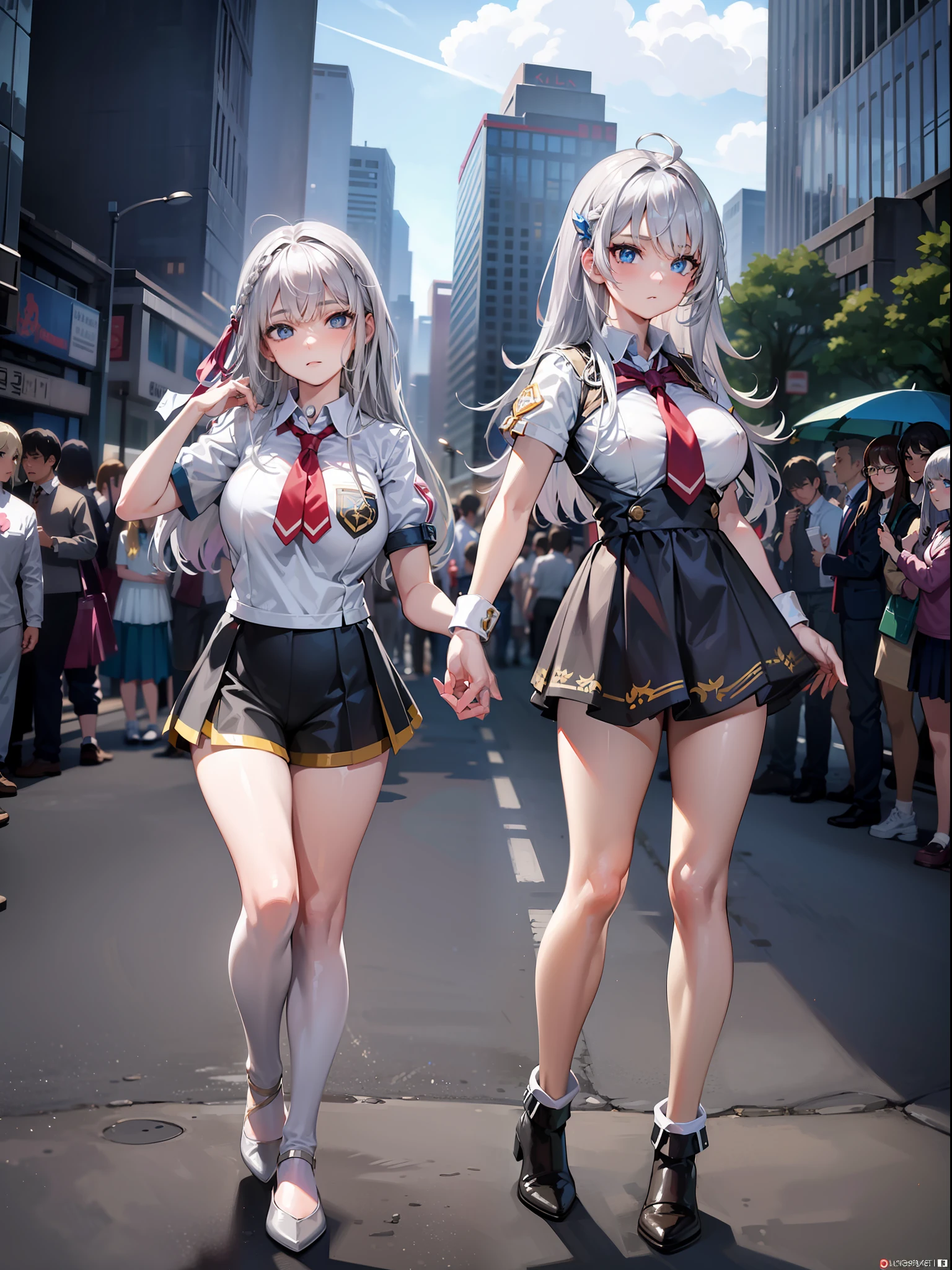 huge breast)),long hair,((silver hair,blue eyes)), daylight, sunlight, (perfect body : 1.0), collar, chain, full body shot, Korean school uniform,mini skirt ((shorts)),(masterpiece), (best quality:1.0), (ultra highres:1.0), beautiful lighting ,perfect lightning, realistic shadows, [highres], detailed skin, ultra-detailed,arms behind head,anime style,(detailed eyes;1,1),(detailed face,1,2),((pretty face1,2)),1-girls,solo
