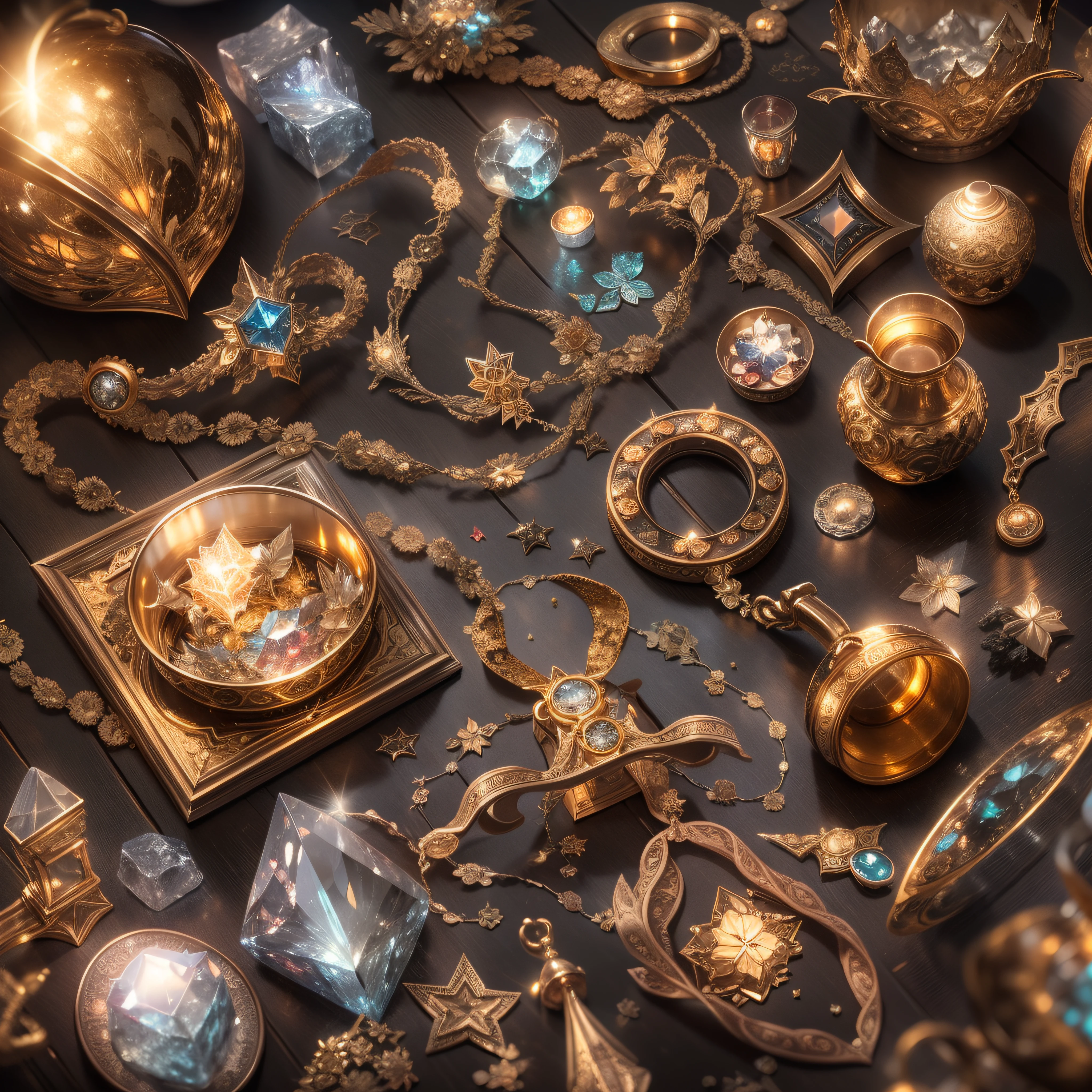 Exotic style,(Full Focus),Antiques on the tabletop,Jewelry on the tabletop,Crystal gemstone on tabletop,Gold and silver products,Magic symbols,Magic light particle effect,high - tech,luxury goods, High-value jewelry,,High-value metals,luxury goods,Puzzles are prohibited, Detailed and complex background, glittery, reflective light, hyper HD, Award-Awarded, A high resolution, High detail, Chiaroscuro, Cinematic lighting, Masterpiece, Ray traching,structurally correct, Super detail, High quality, High details, Best quality, 16k