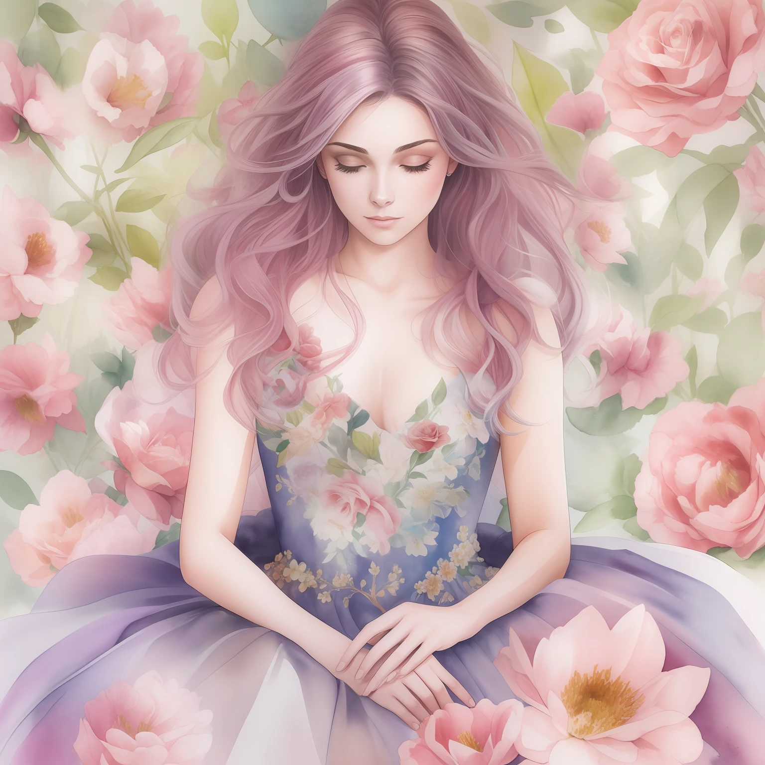 Uma pintura em aquarela de mulher de    longos cabelos roxos em um vestido de princesa rosa esta cercada de flores