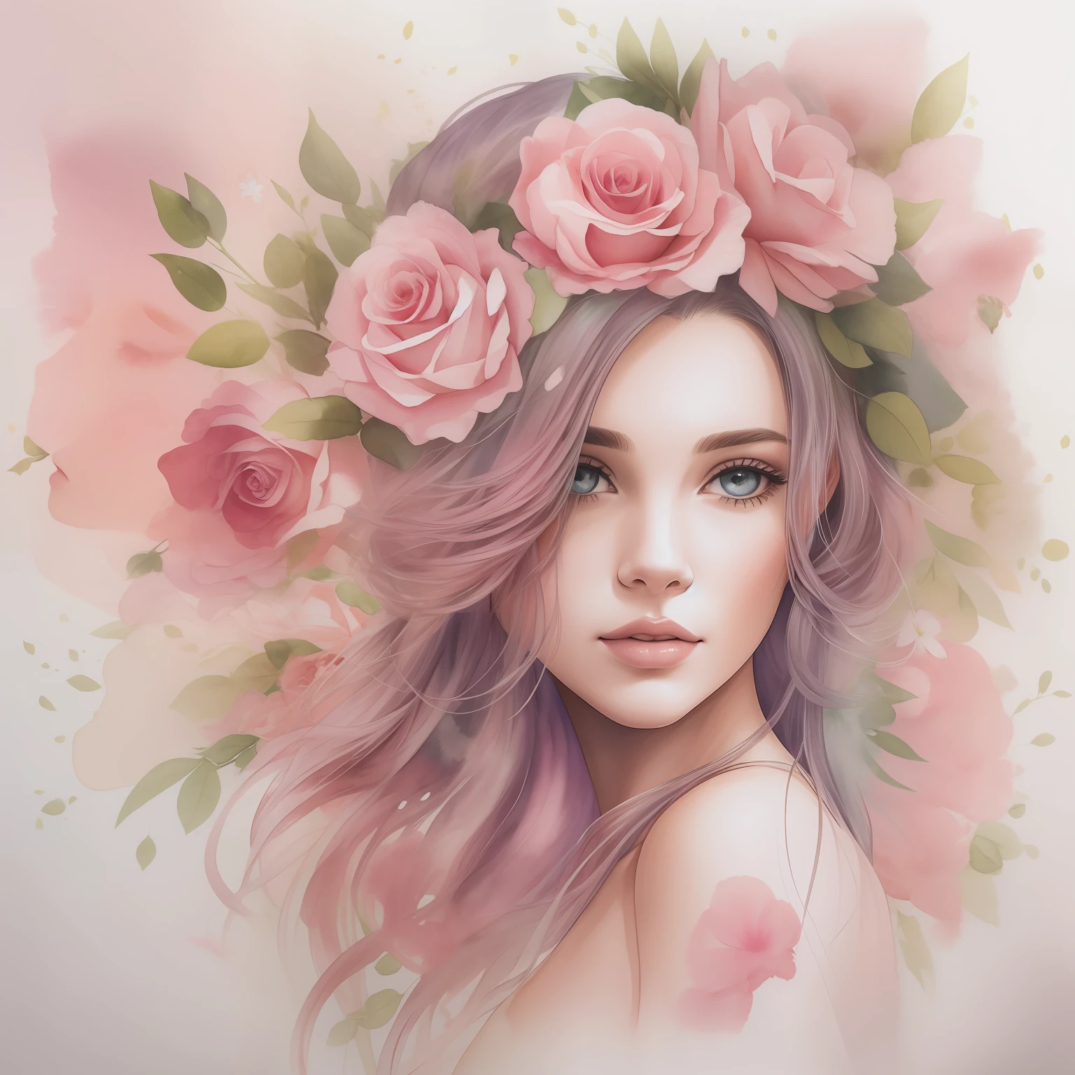 Uma pintura em aquarela de mulher de longos cabelos roxos em um vestido de princesa rosa esta cercada de flores