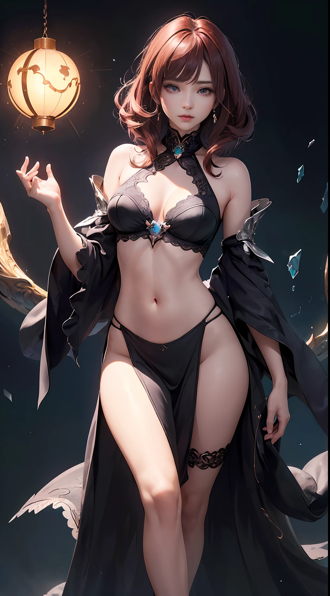 high-level image quality、hightquality、realisitic、Beautuful Women、the witch、Witch Costume、sorcerer、Wacky costumes、A sexy、Constricted hips、Toned abs、skinny thigh、(realisitic:1.5)、(masterpiece、Highly detailed CG unified 8k wallpapers、top-quality、hight resolution:1.2)、(ultra-detailliert、UHD:1.2)、(pixiv:1.3)、perfect illumination、distinctive、(a beauty girl:1.2)、Viewer's Perspective、Unreal Engine、side lights、face perfect、A detailed face、beautidful eyes、Clean face、(bright skin:1.3)、idol、(abdominals)、ulzzang-6500-v1.1、Soft smile、The upper part of the body、(dark red hair)、(simple background)、((dark backgrounds))、(depth of fields)、a closeup、selphie