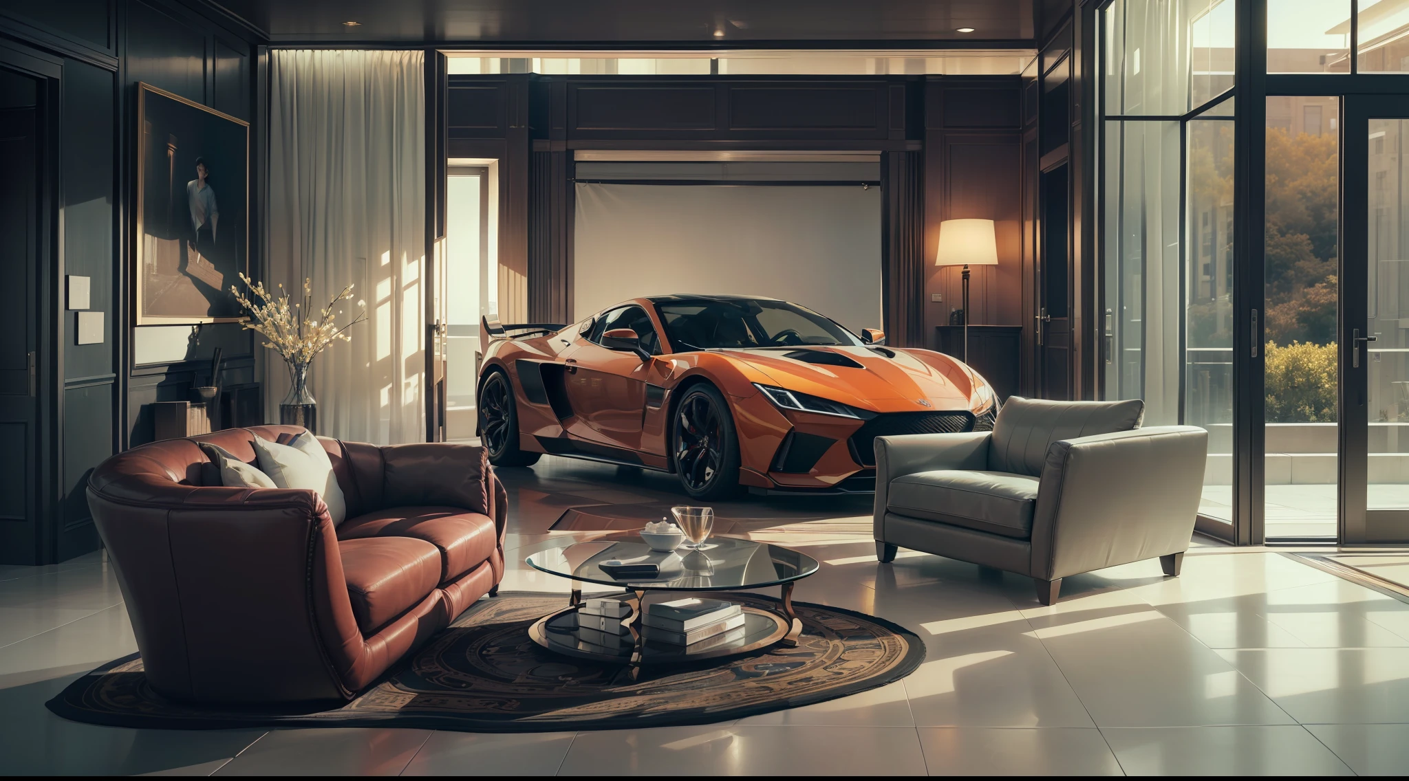 (in 8K, Raw photo, Best Quality, masutepiece:1.2), (Realistic, Photorealsitic:1.37),Living room of Celebrity House、One cool sports car is on display in a glass-enclosed showcase、Man drinking coffee watching it、Large sofa、Luxurious lighting、Modern Furniture